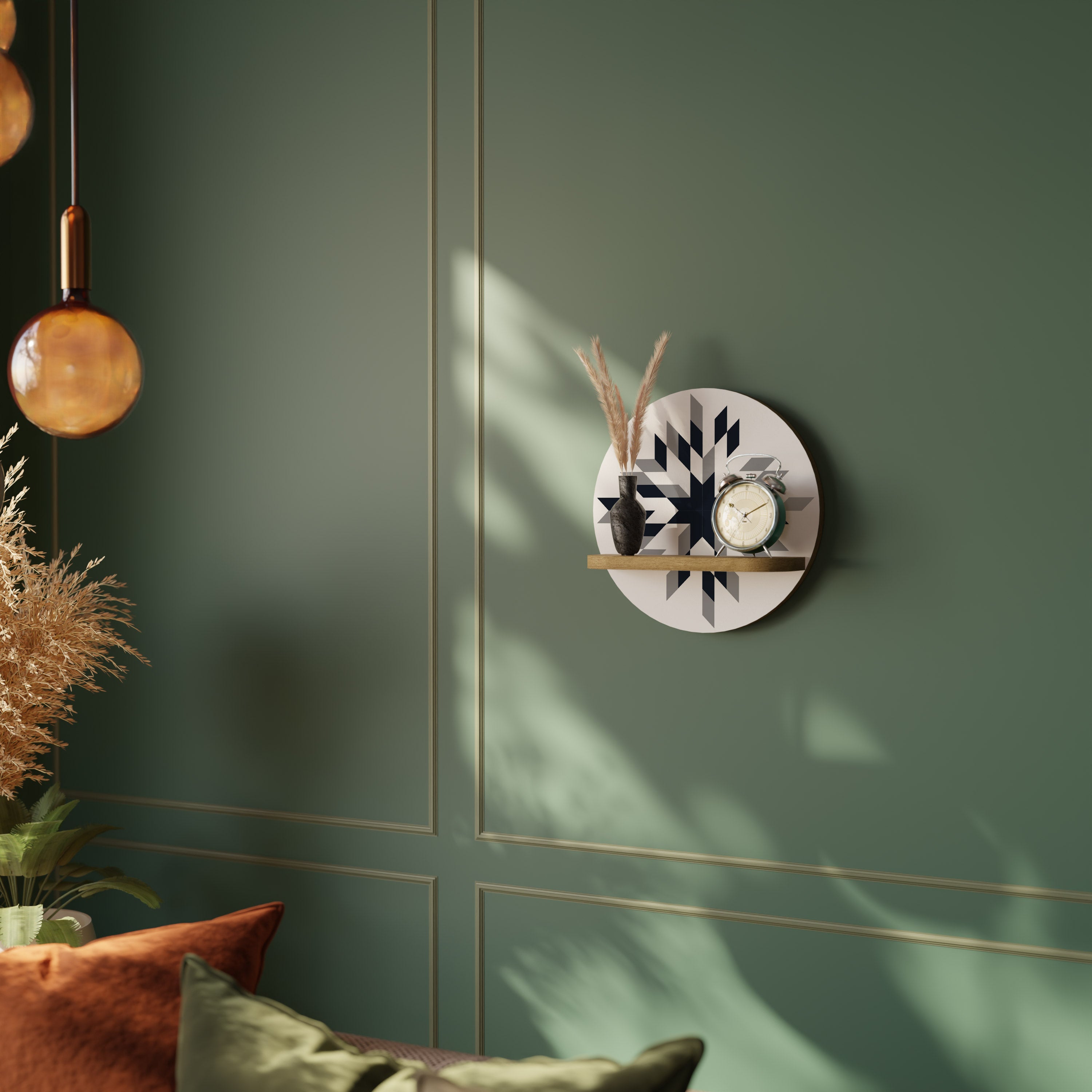 Estantería de arte redonda MOONLIT MOSAIC con efecto roble