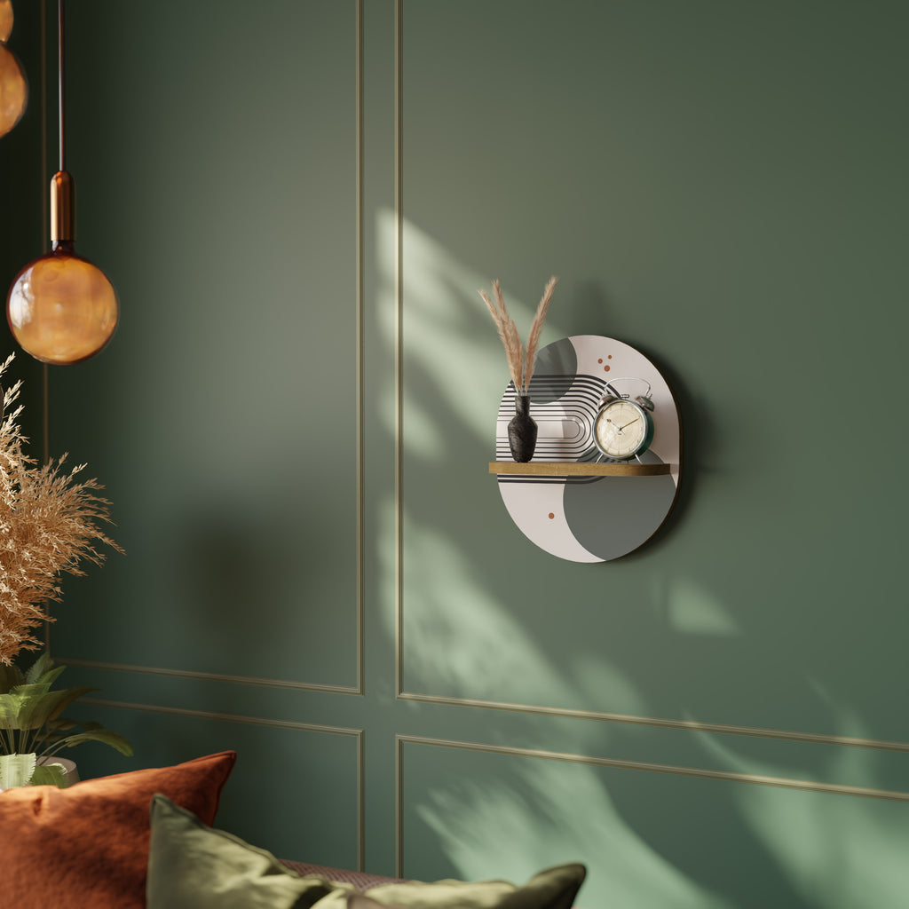 Estantería de arte ovalada ORBITAL DECOR con efecto roble