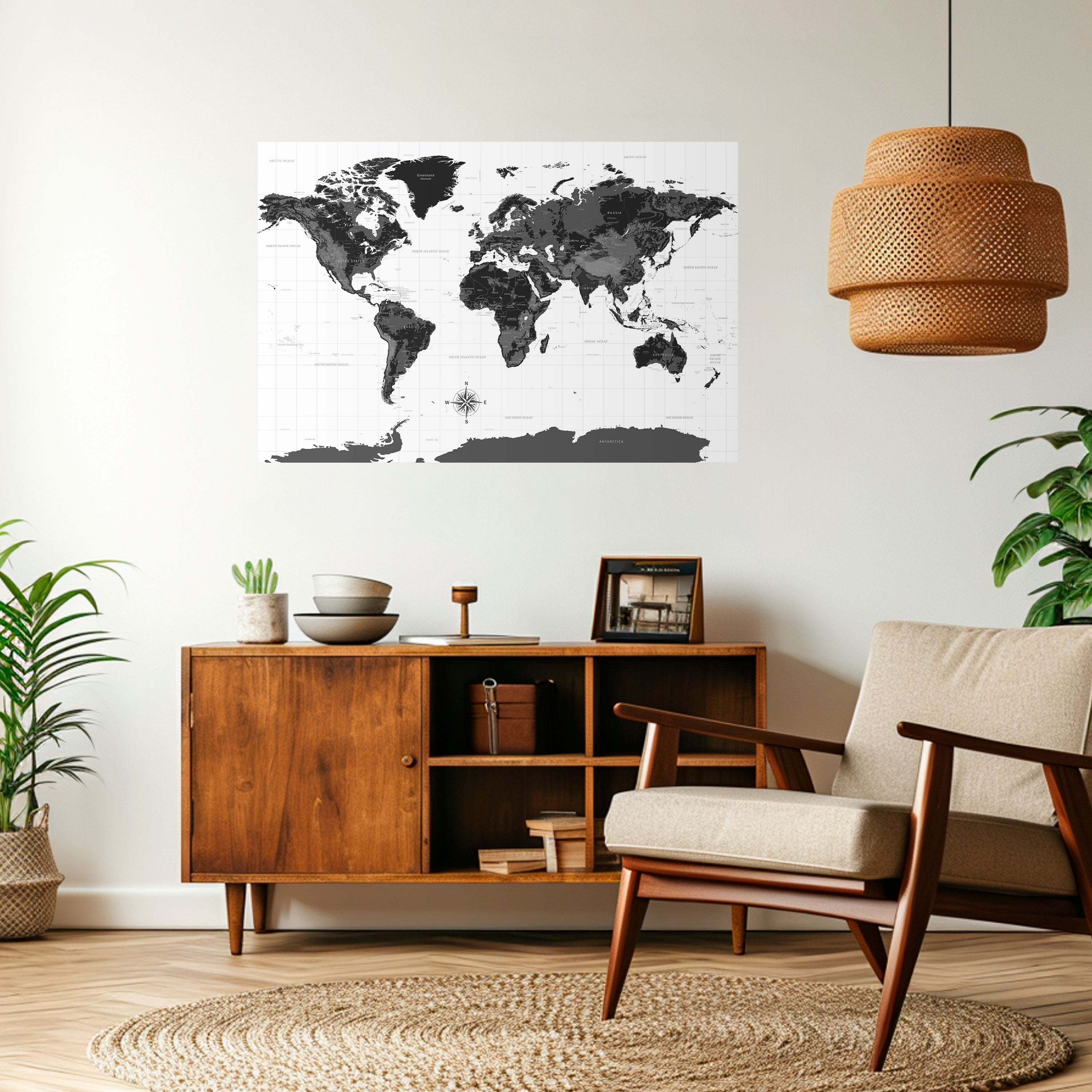 Póster horizontal autoadhesivo con mapa de la Tierra monocromo