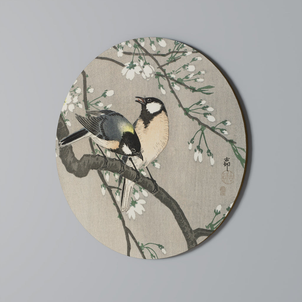TITS ON CHERRY BRANCH Round Wall Art