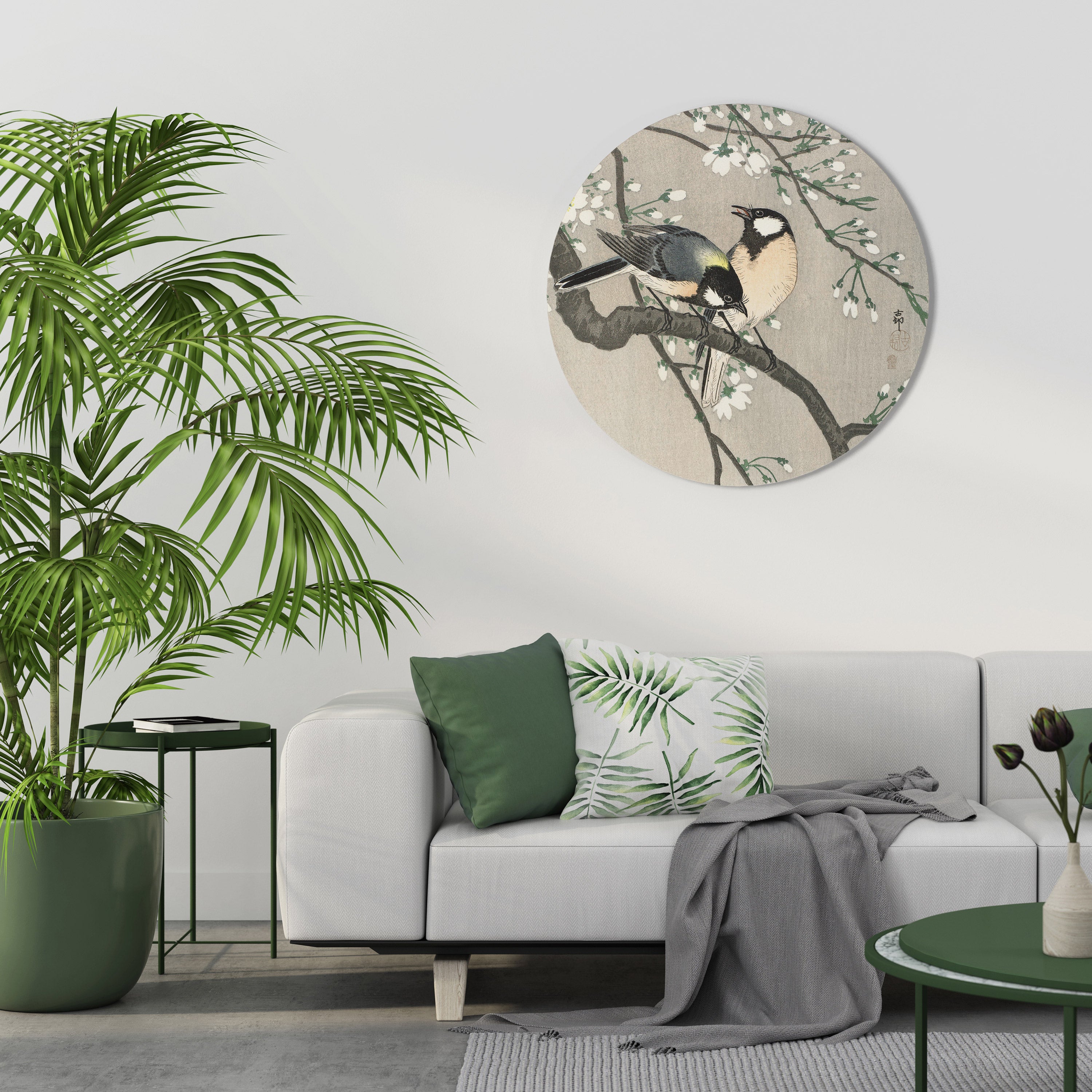 TITS ON CHERRY BRANCH Round Wall Art