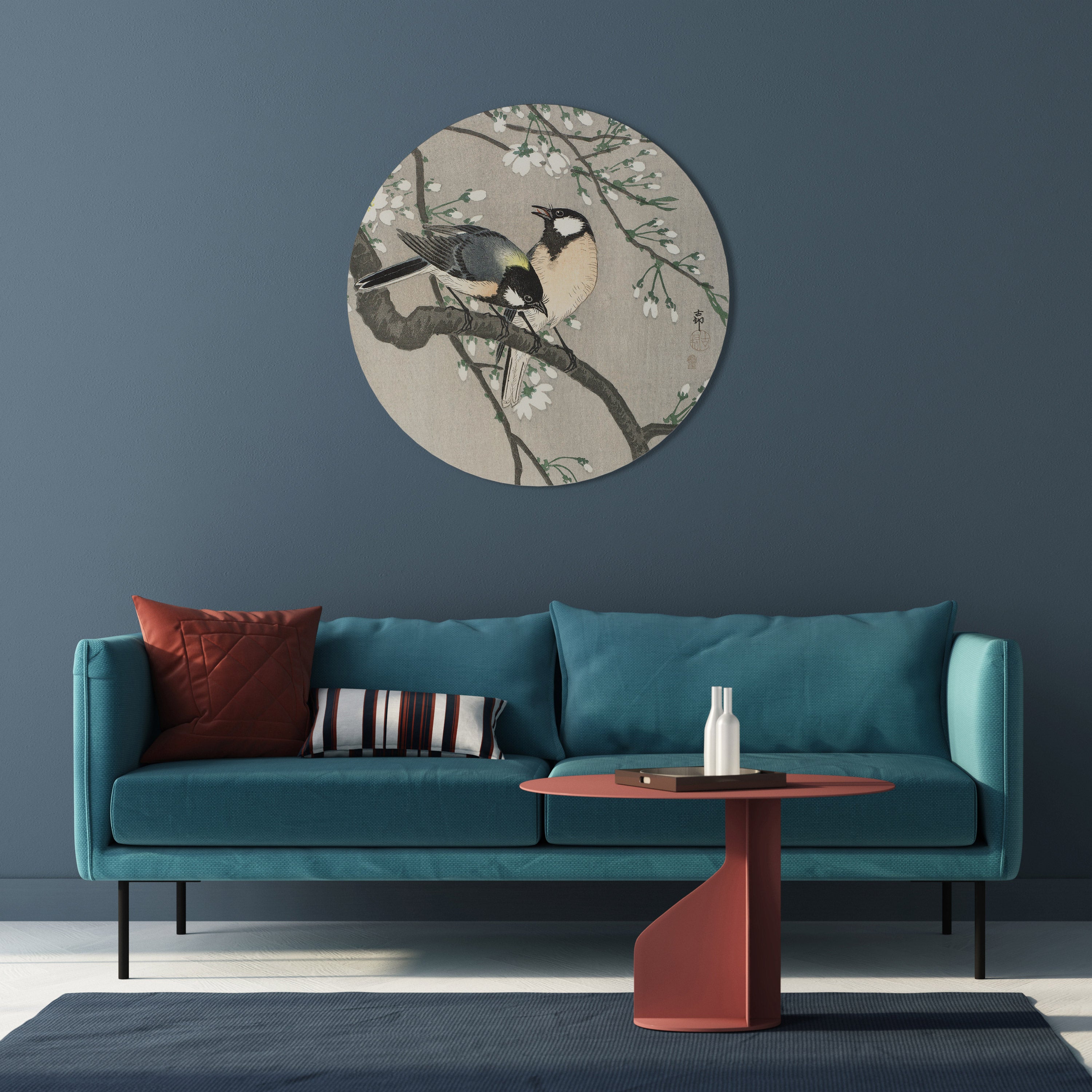 TITS ON CHERRY BRANCH Round Wall Art