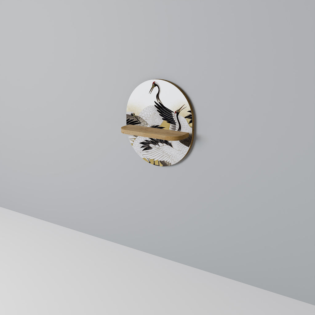 Estantería de arte ovalada con efecto roble "BANDADA DE GRÚAS JAPONESAS"