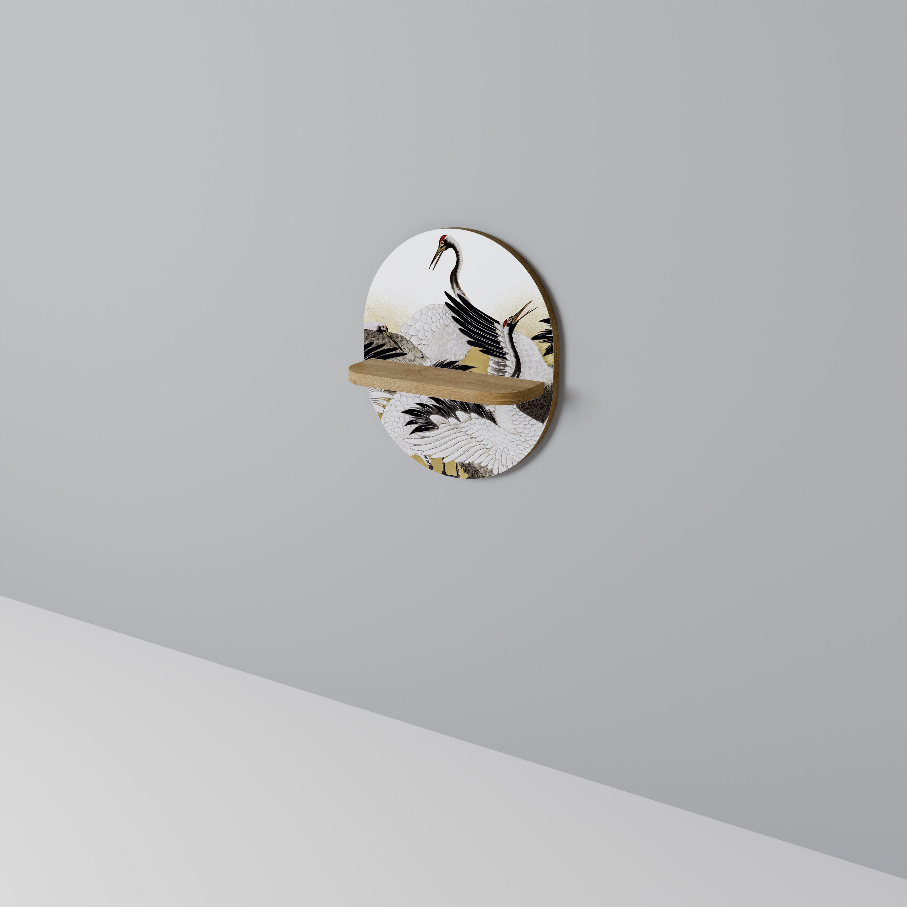 Estantería de arte ovalada con efecto roble "BANDADA DE GRÚAS JAPONESAS"
