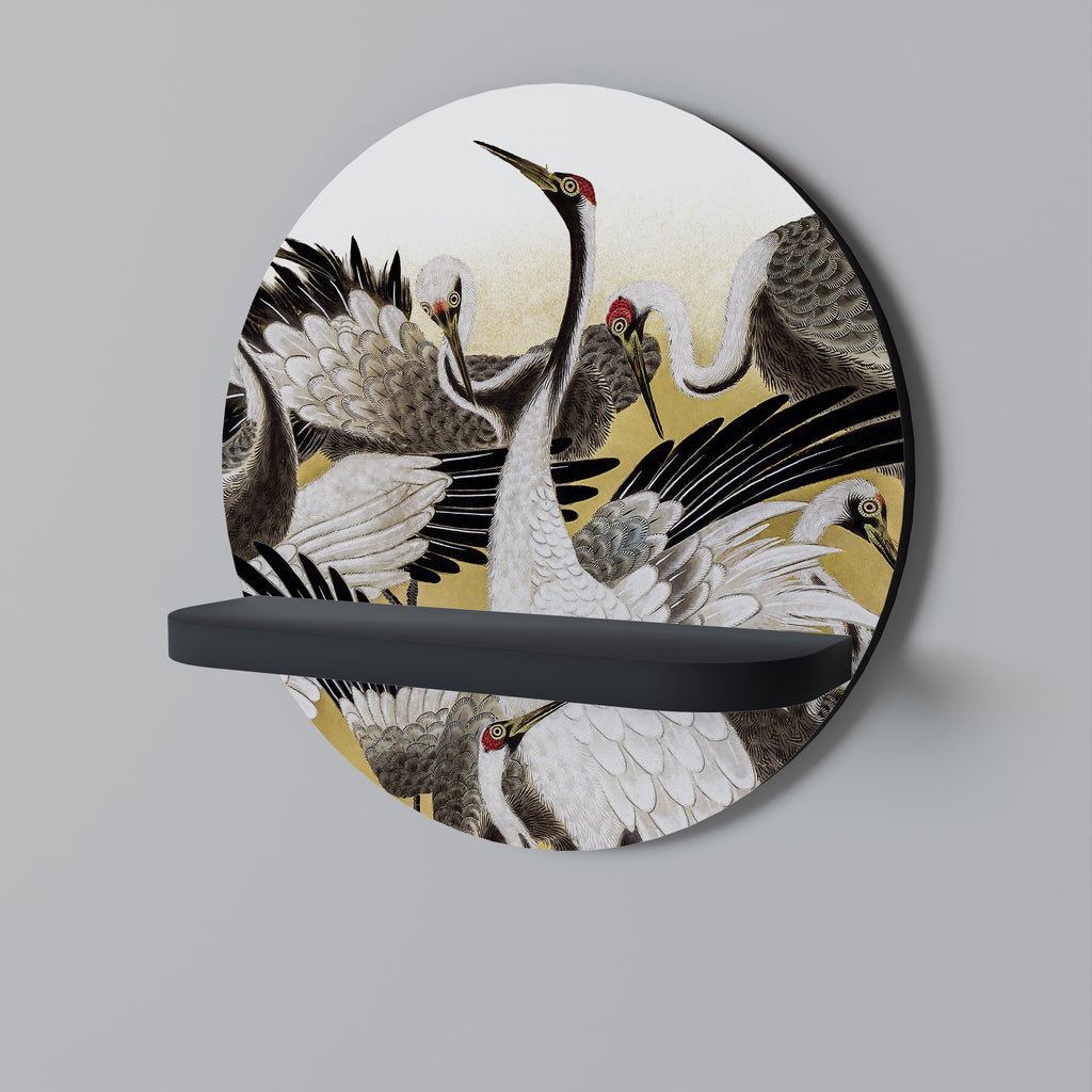 JAPANESE FLOCK OF CRANES Round Art Shelf In Black Finish