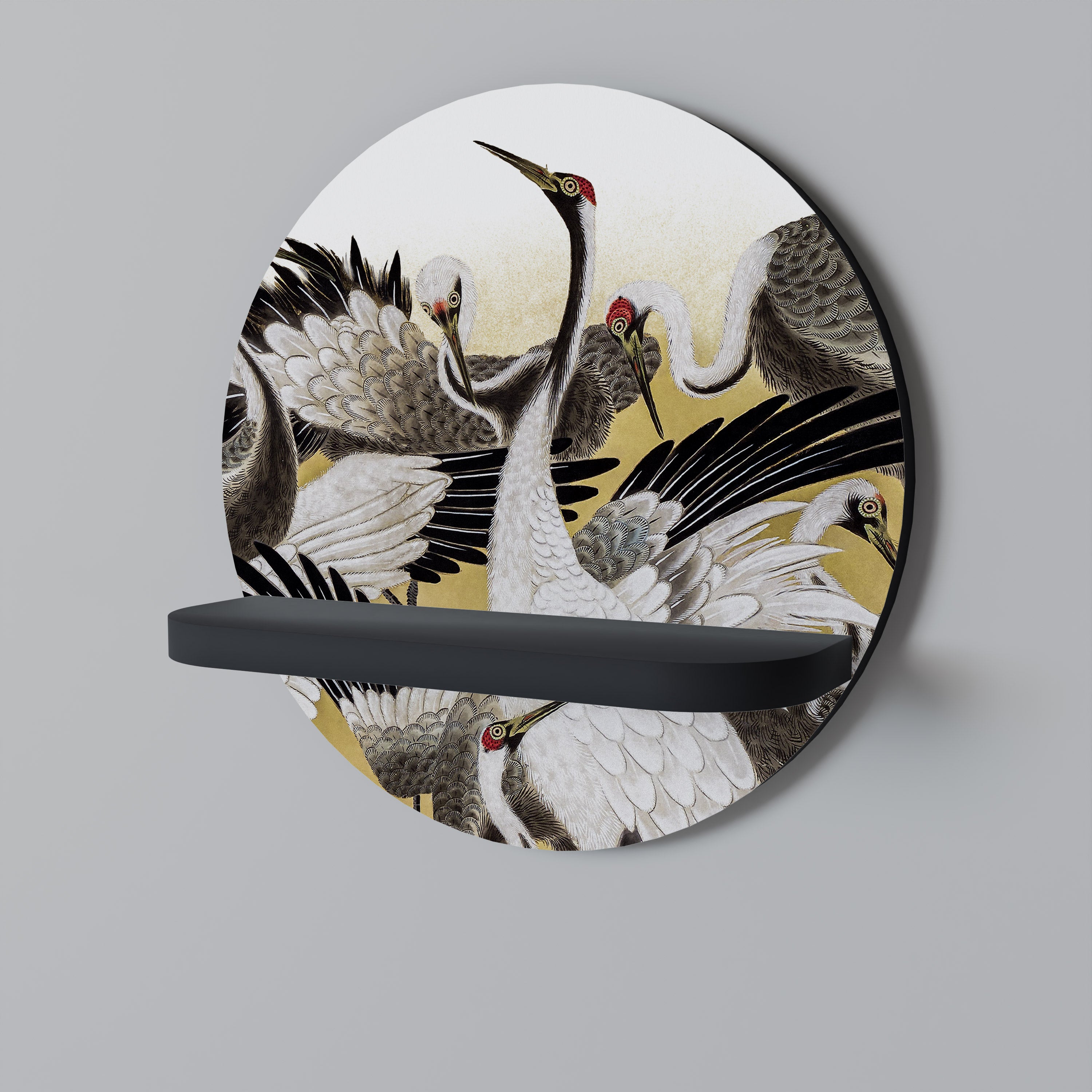 JAPANESE FLOCK OF CRANES Round Art Shelf In Black Finish