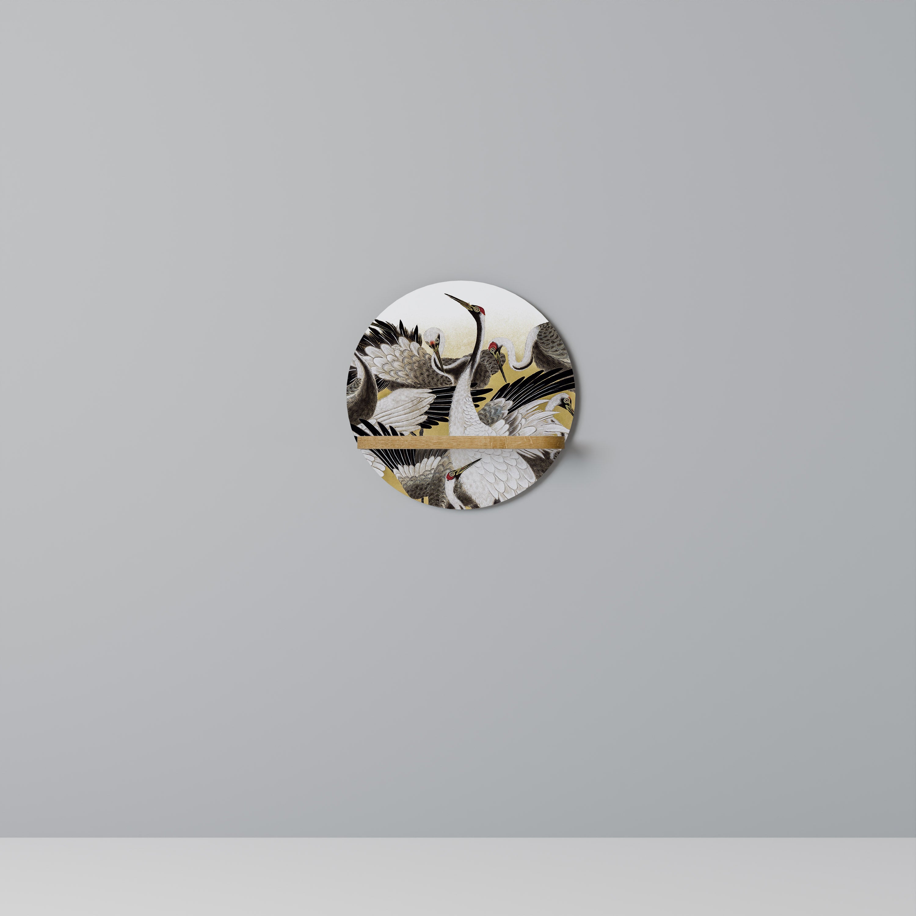 Estantería de arte redonda con efecto roble "BANDADA DE GRÚAS JAPONESAS"