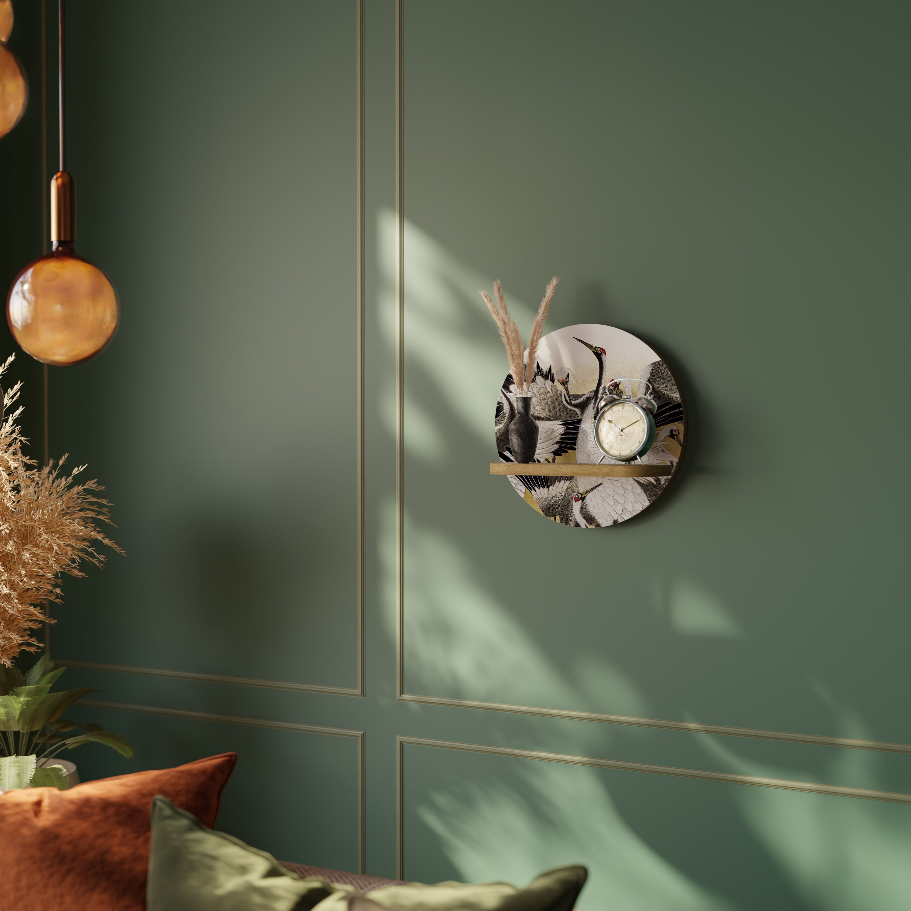 Estantería de arte redonda con efecto roble "BANDADA DE GRÚAS JAPONESAS"