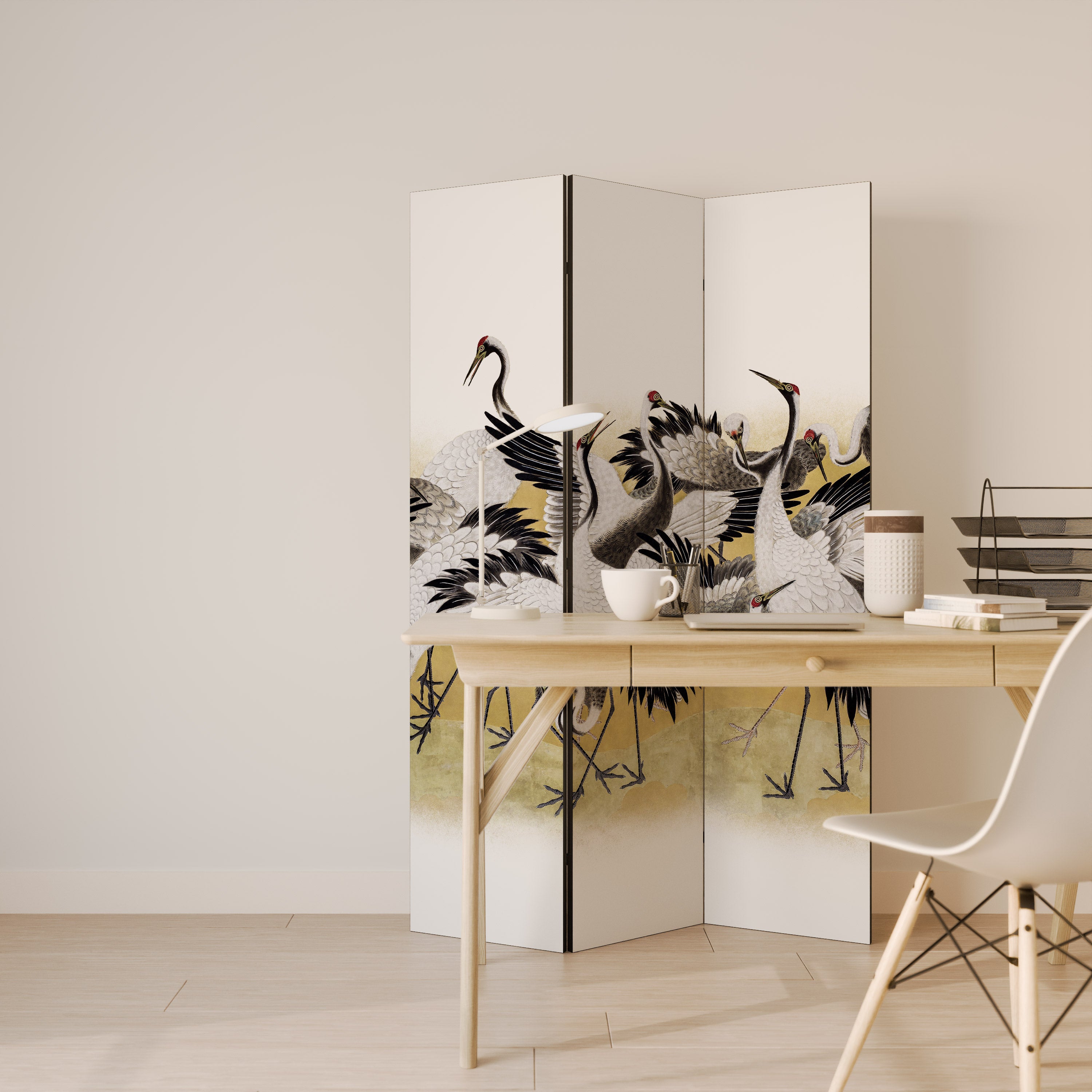 JAPANESE FLOCK OF CRANES Biombo de 3 paneles