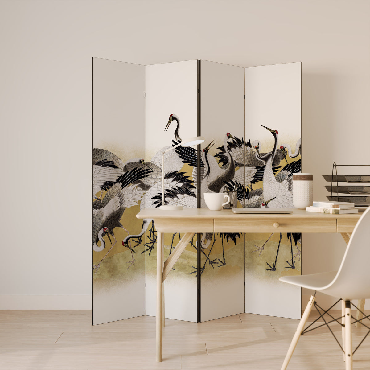 JAPANESE FLOCK OF CRANES Biombo de 4 paneles