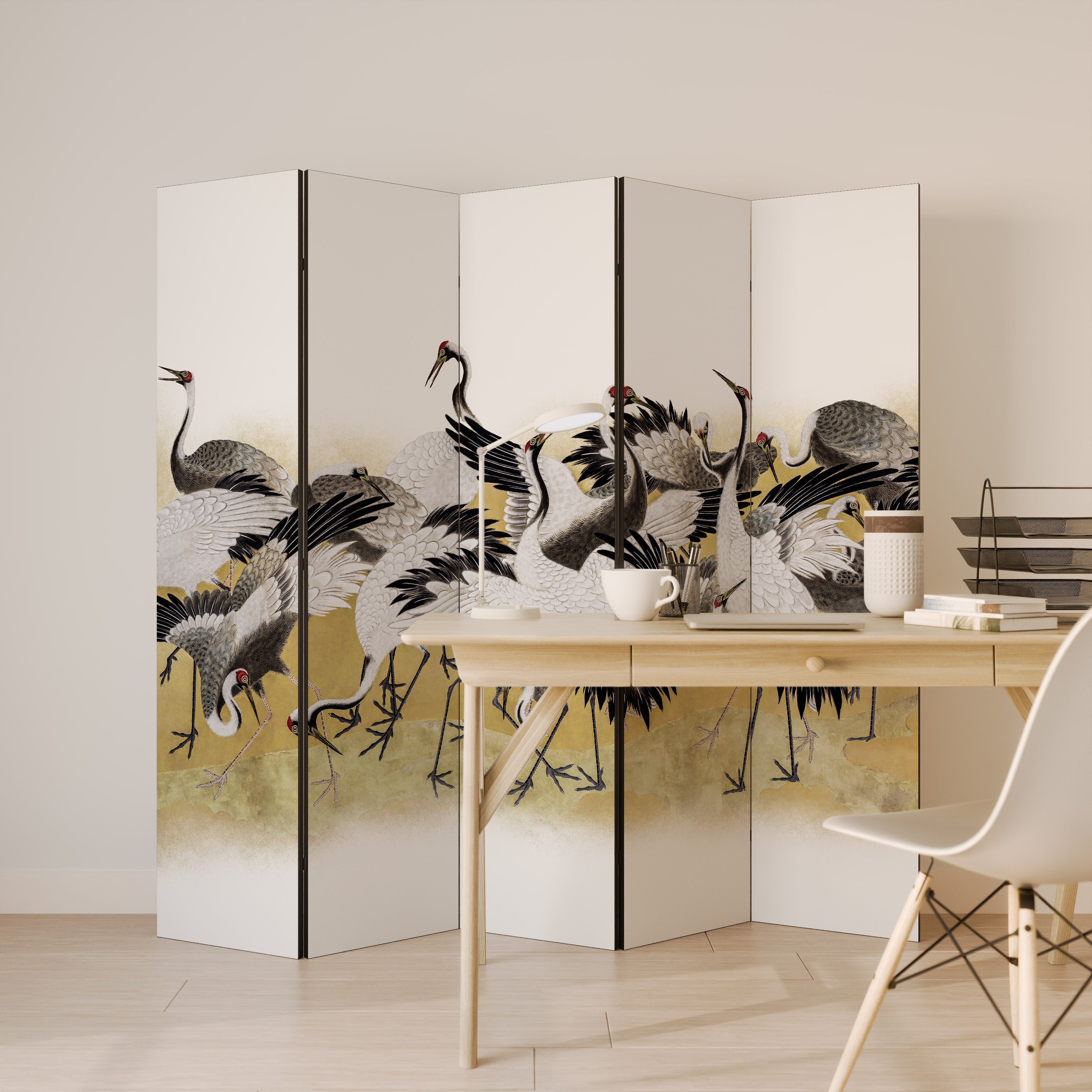 JAPANESE FLOCK OF CRANES 5-Panel Room Divider