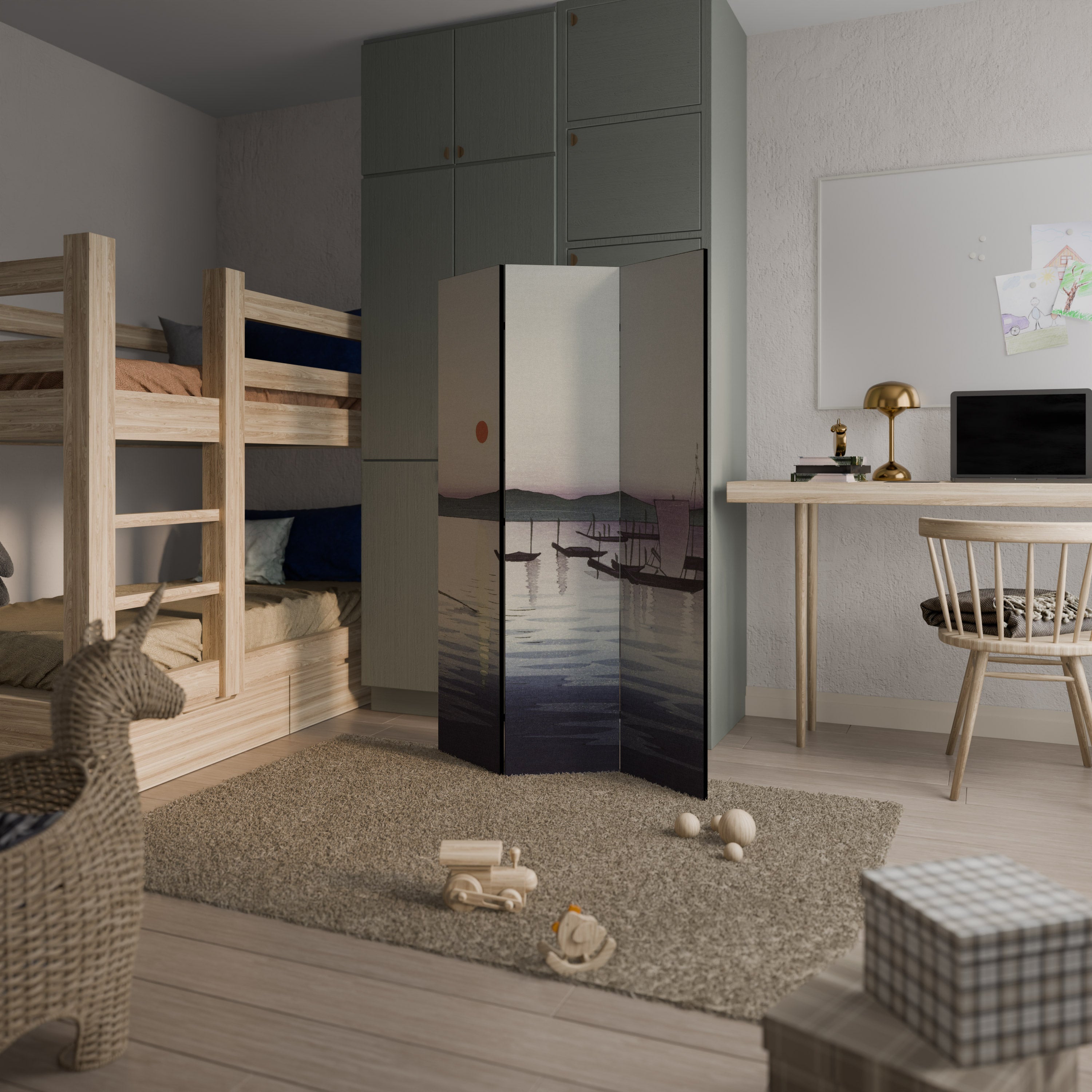 BOATS AND SETTING SUN Biombo de 3 paneles