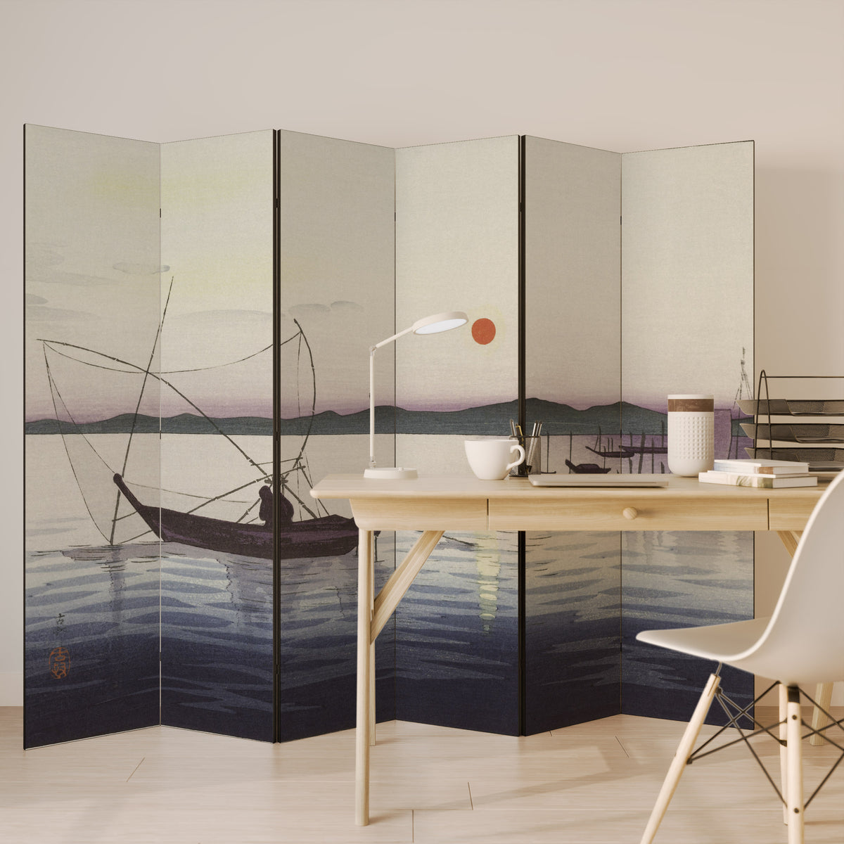 BOATS AND SETTING SUN Biombo de 6 paneles
