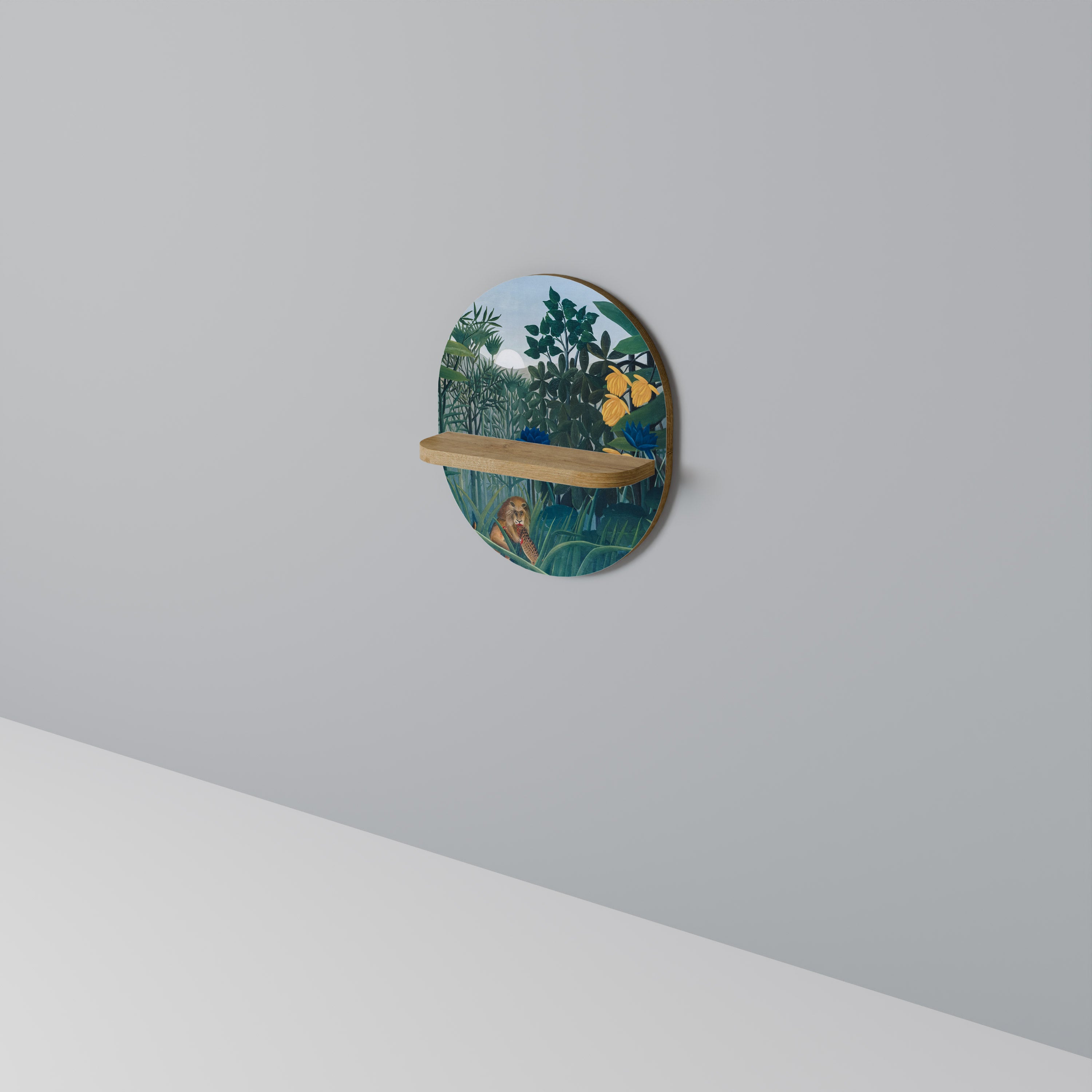 LA COMIDA DEL LEÓN Estantería de arte ovalada en efecto roble