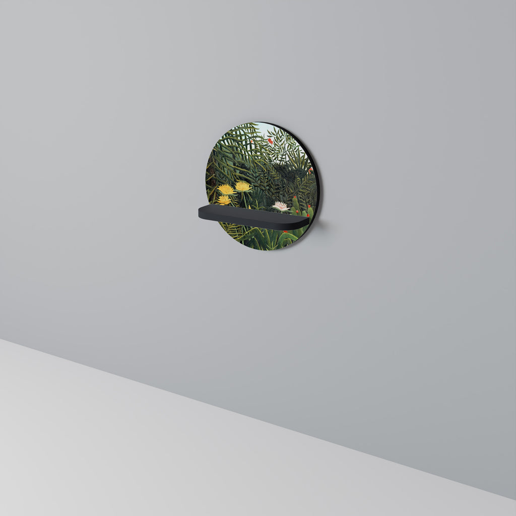 VIRGIN FOREST WITH SUNSET Round Art Shelf In Black Finish