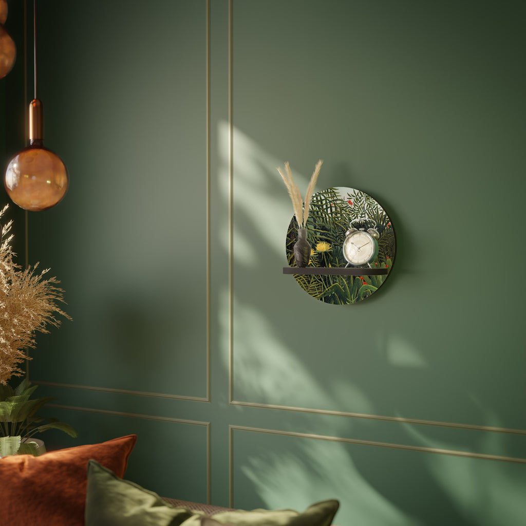 VIRGIN FOREST WITH SUNSET Round Art Shelf In Black Finish