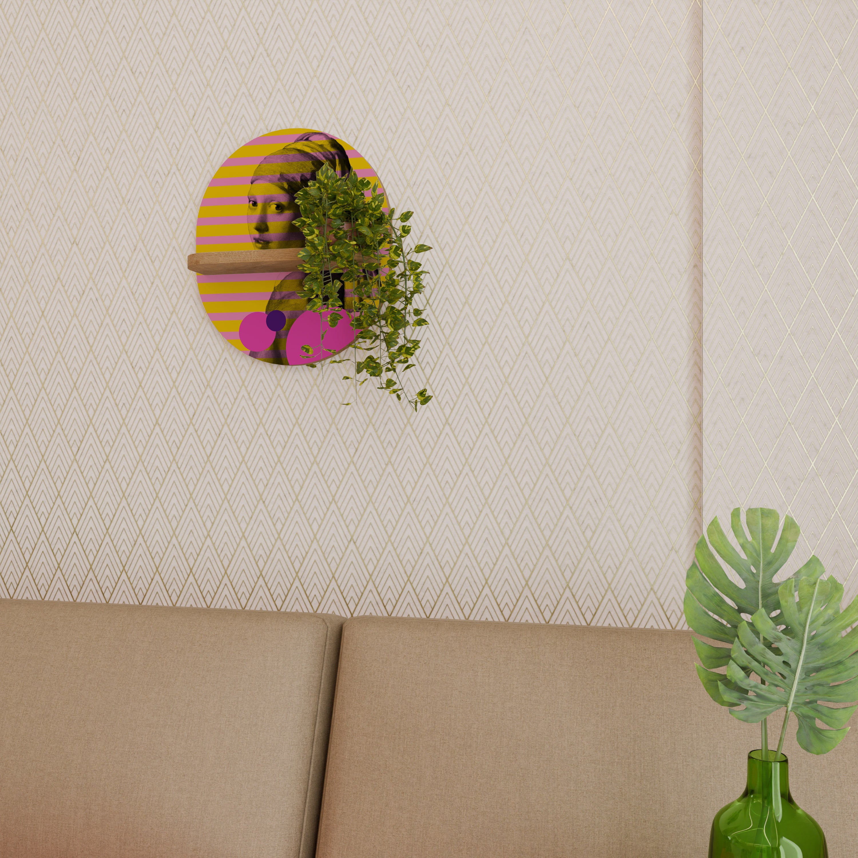 HER WITH A PEARL Estantería de arte ovalada en efecto roble