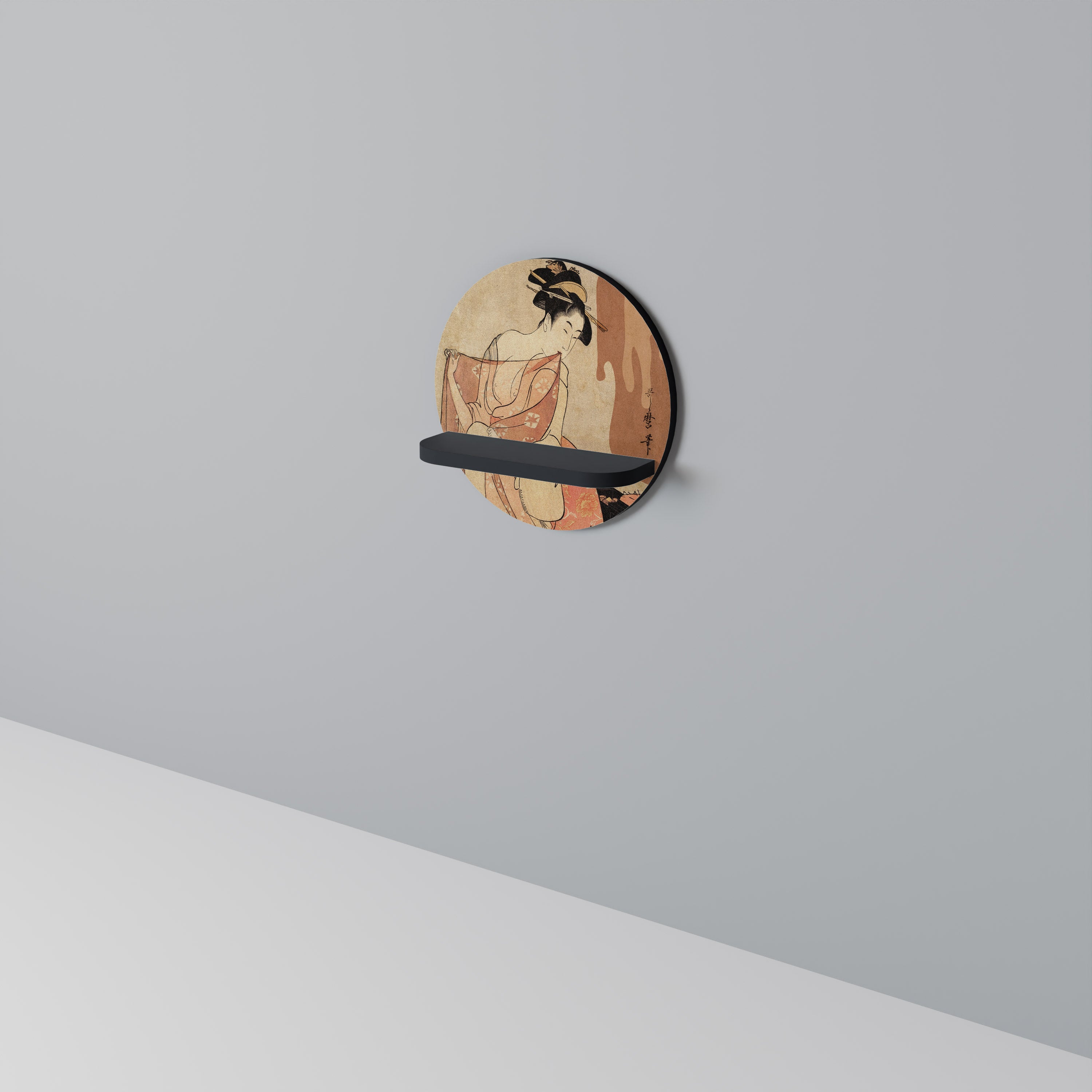 WOMAN, CAT AND EXTRA BROWN Round Art Shelf In Black Finish