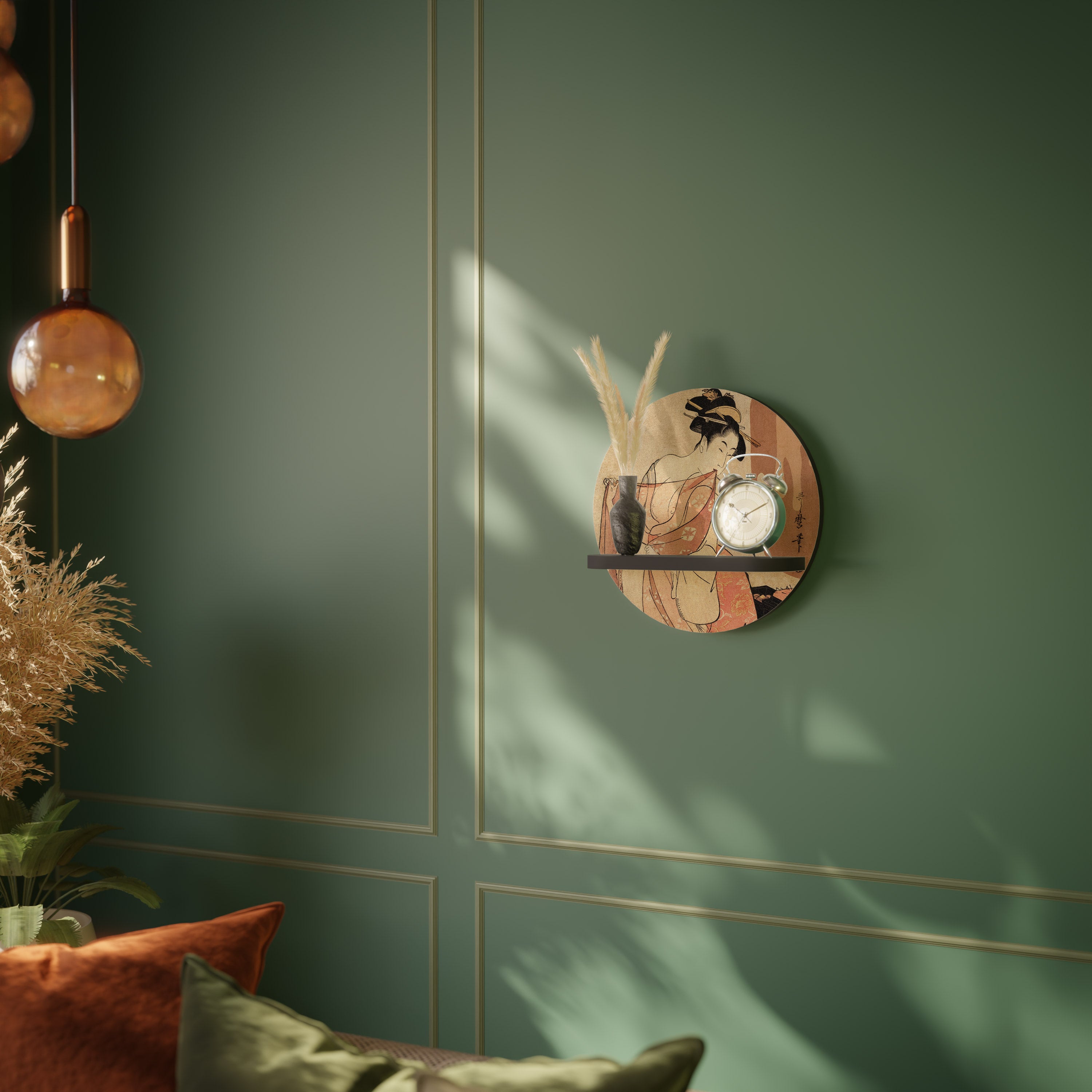 WOMAN, CAT AND EXTRA BROWN Round Art Shelf In Black Finish