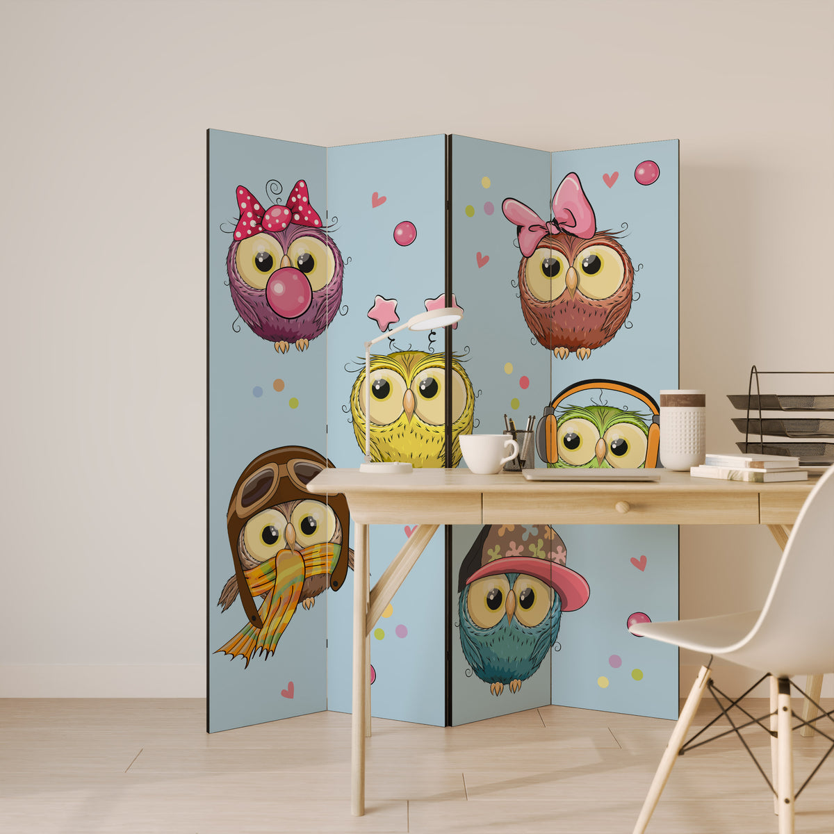 OWLY SQUAD Biombo de 4 paneles