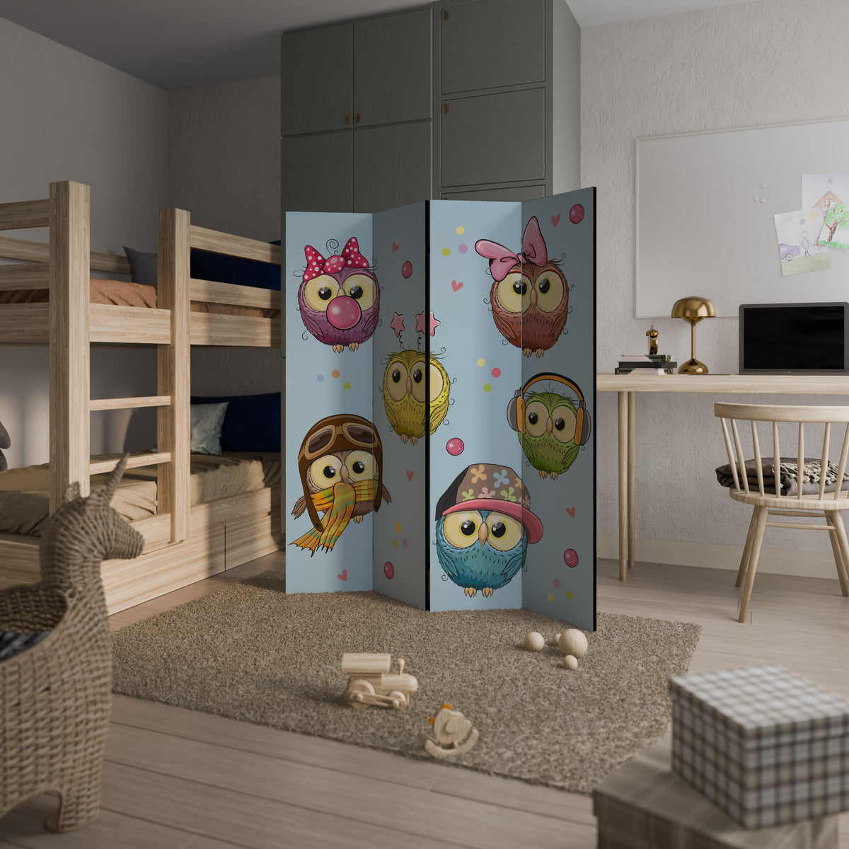 OWLY SQUAD Biombo de 4 paneles