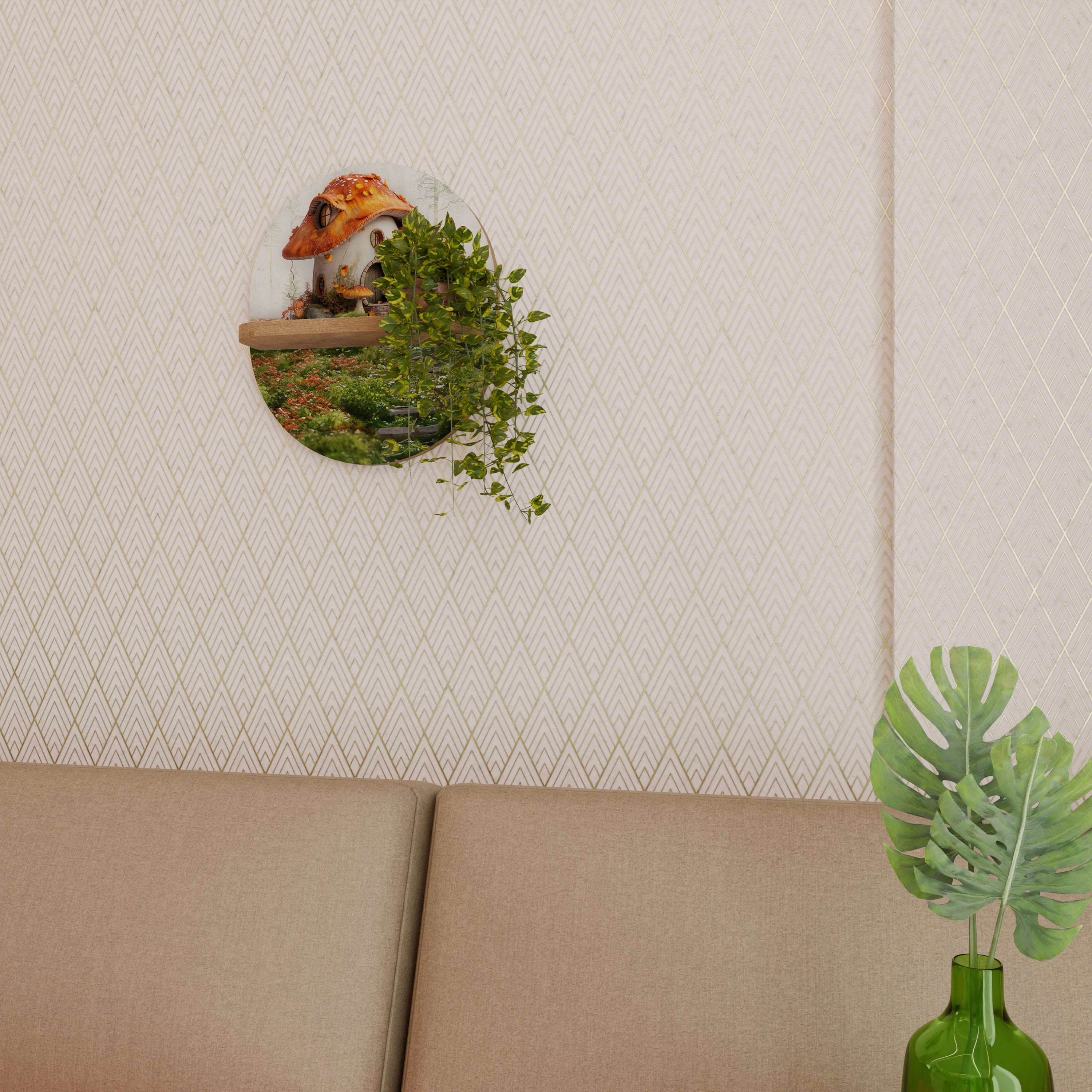 Estantería de arte ovalada Mystic Toadstool con efecto roble