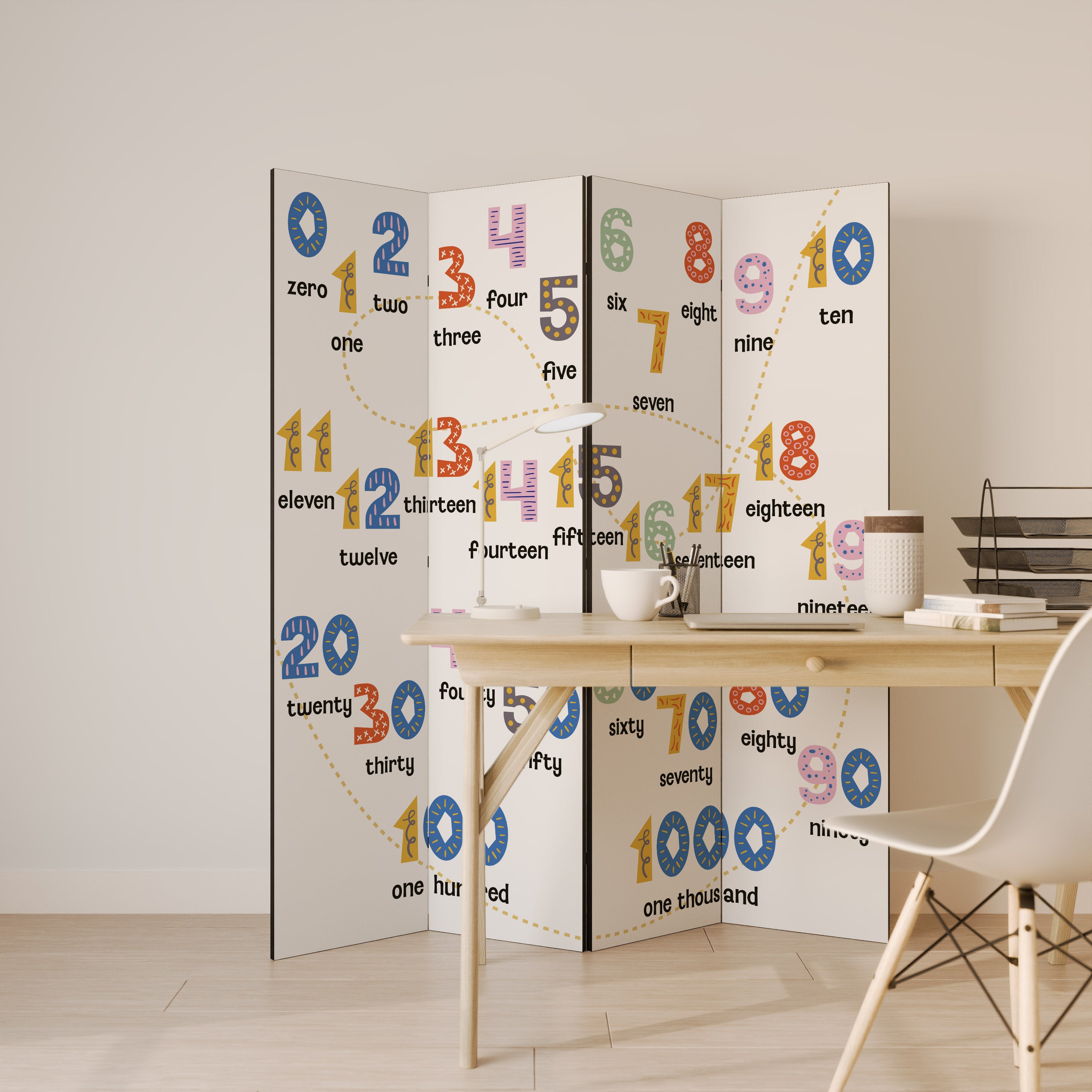Biombo decorativo de 4 paneles LECCIÓN DE CONTEO