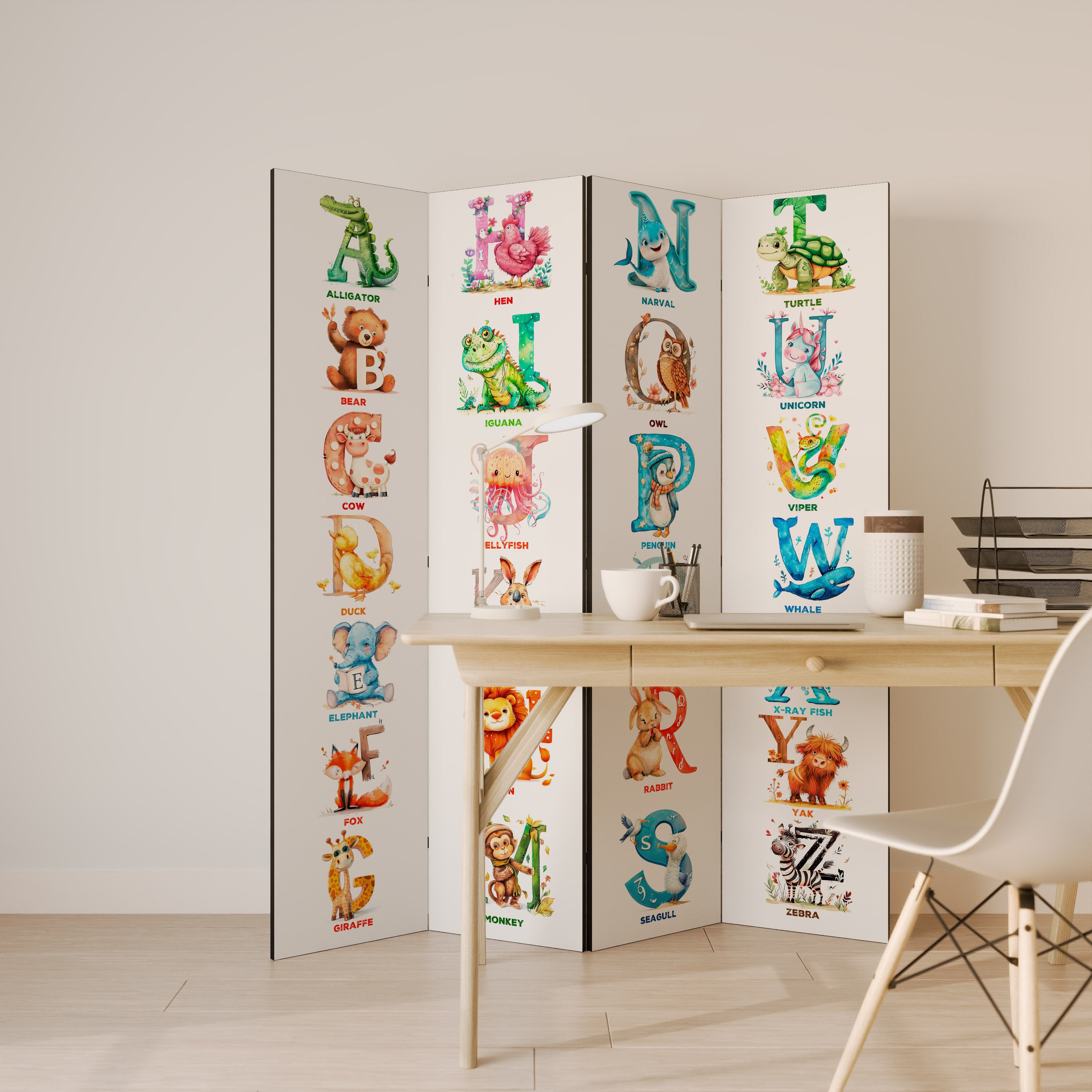 Biombo decorativo de 4 paneles con letras alegres