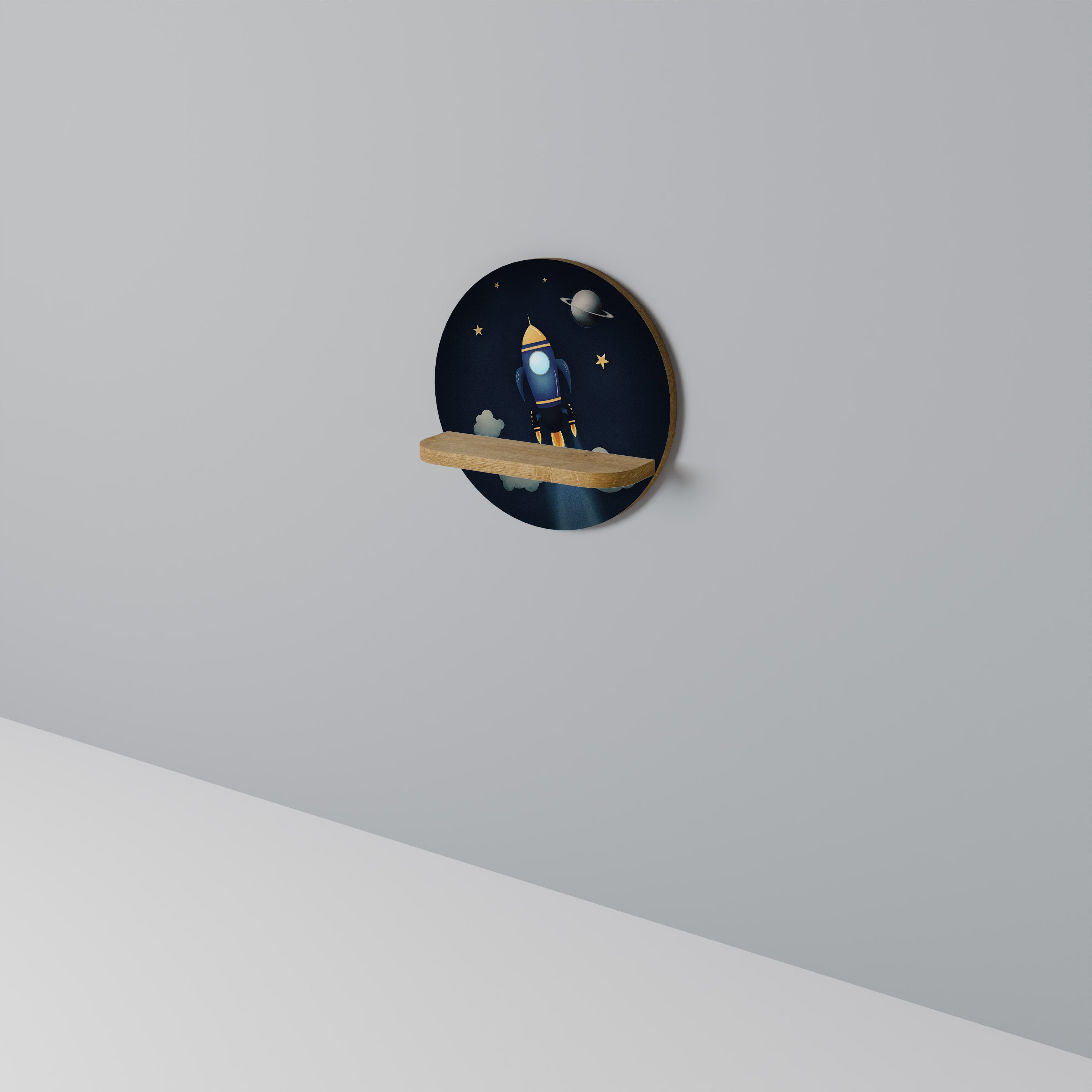 Estantería de arte redonda STELLAR SWING con efecto roble