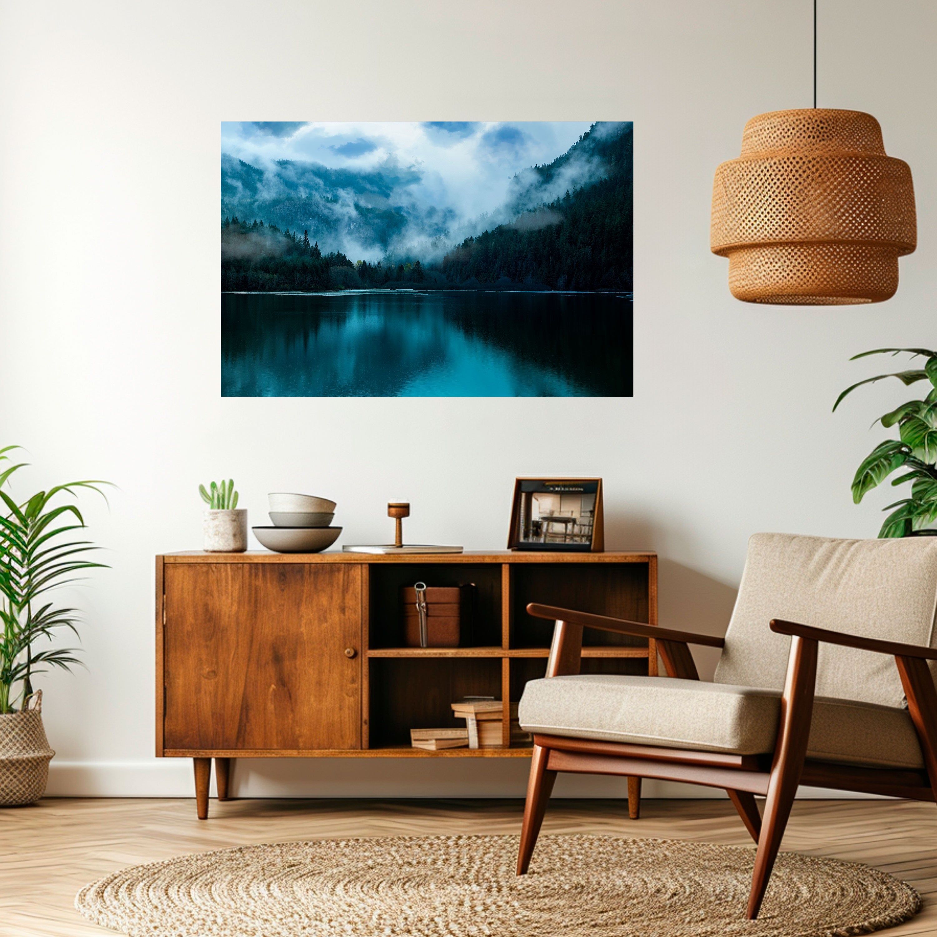 REFLEJOS DE NIEBLA MÍSTICA Póster horizontal autoadhesivo