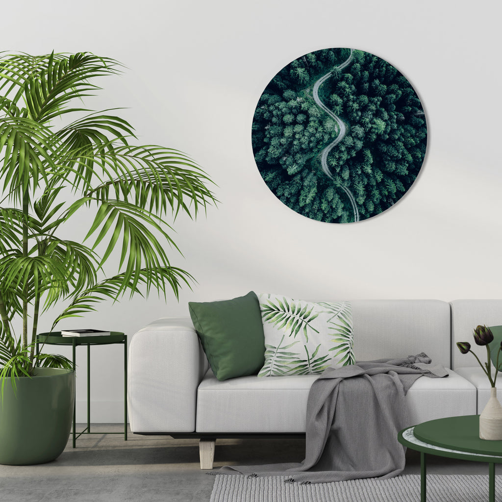 FORESTED SERPENTINE ROUTE Round Wall Art