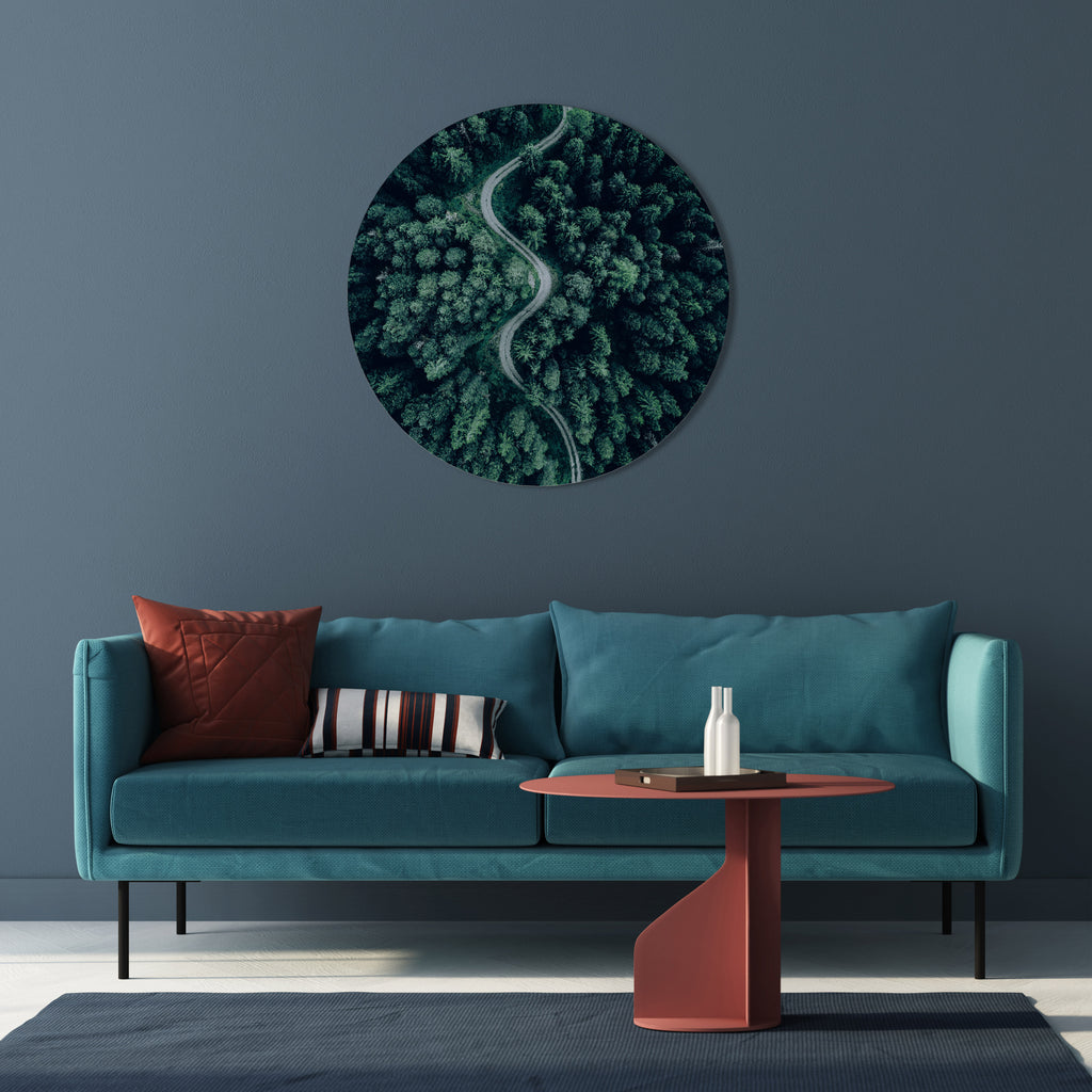 FORESTED SERPENTINE ROUTE Round Wall Art