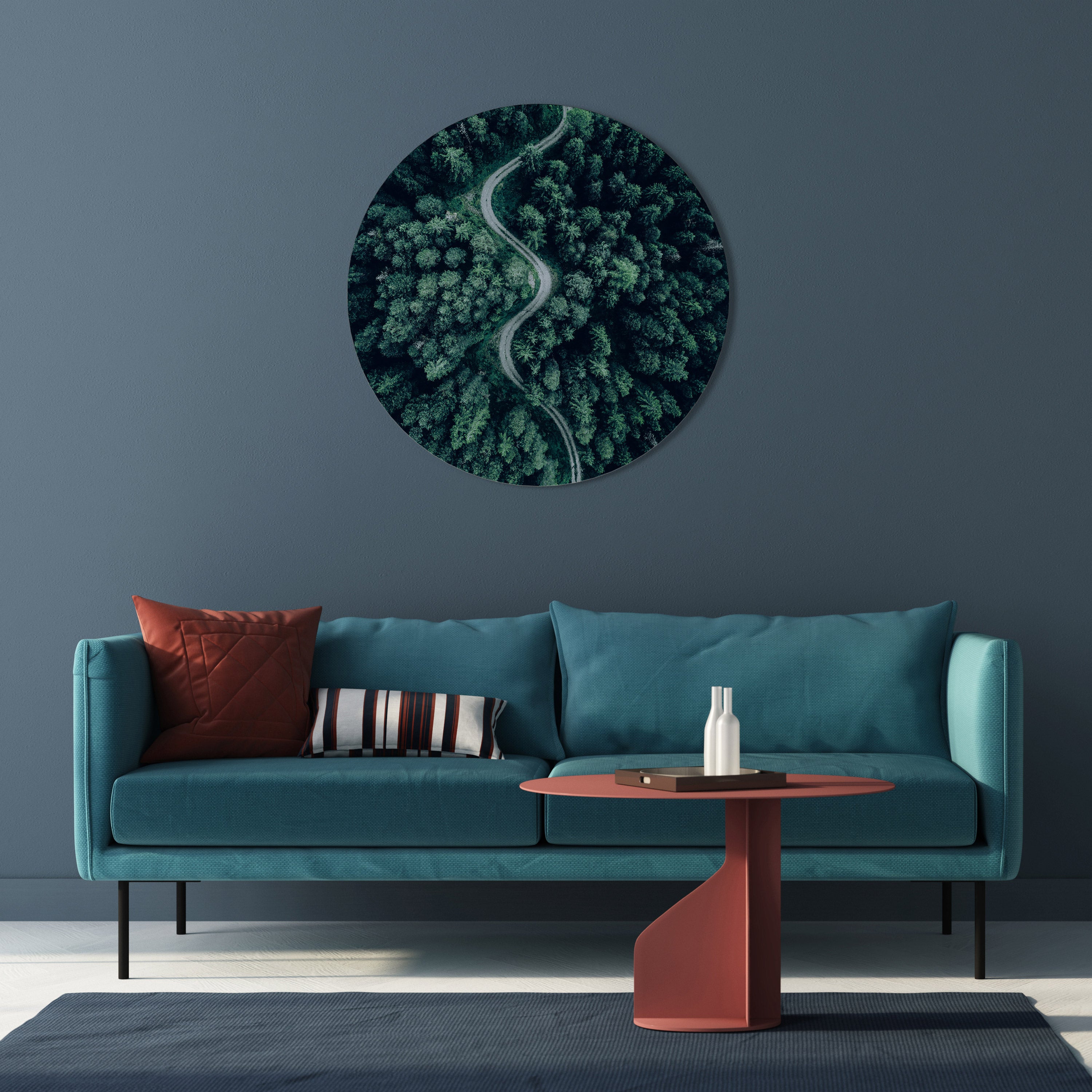 FORESTED SERPENTINE ROUTE Round Wall Art