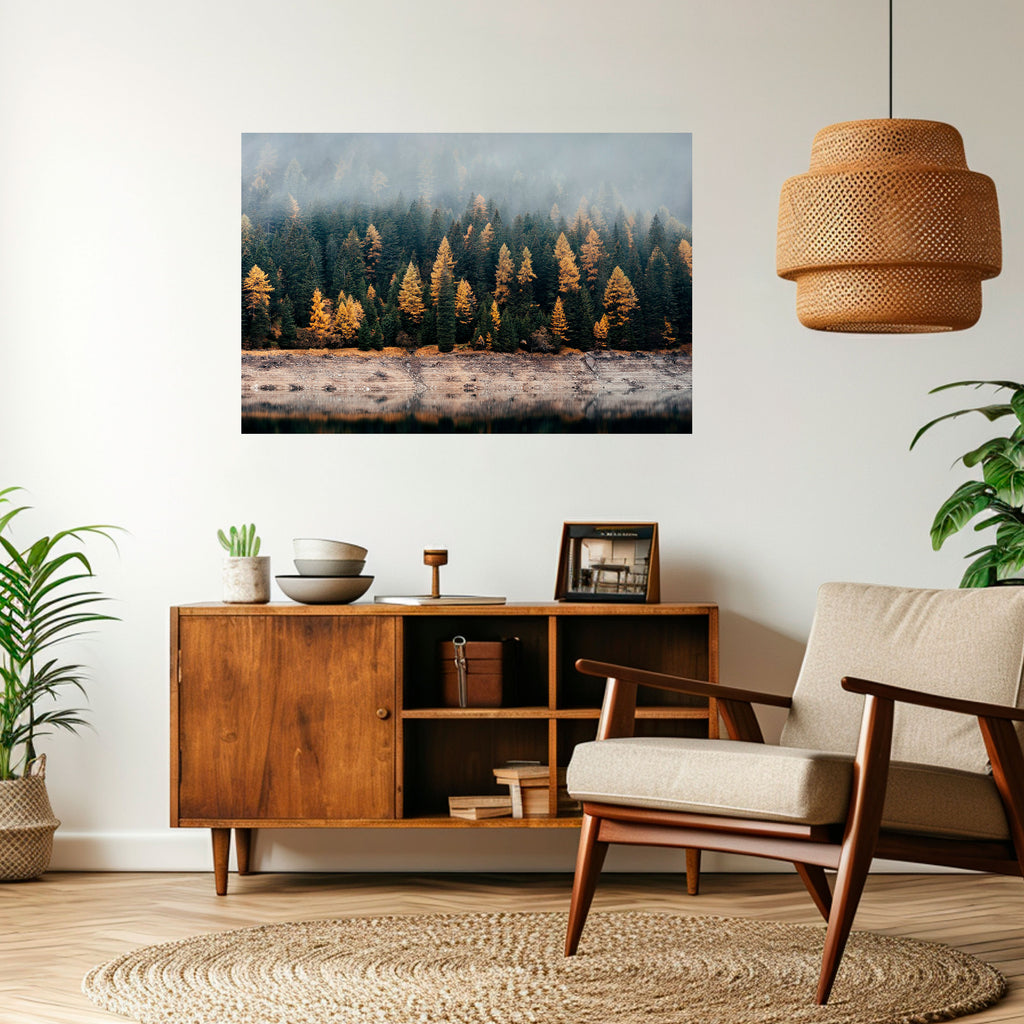 ÁRBOLES DORADOS EN LA NIEBLA Póster horizontal autoadhesivo