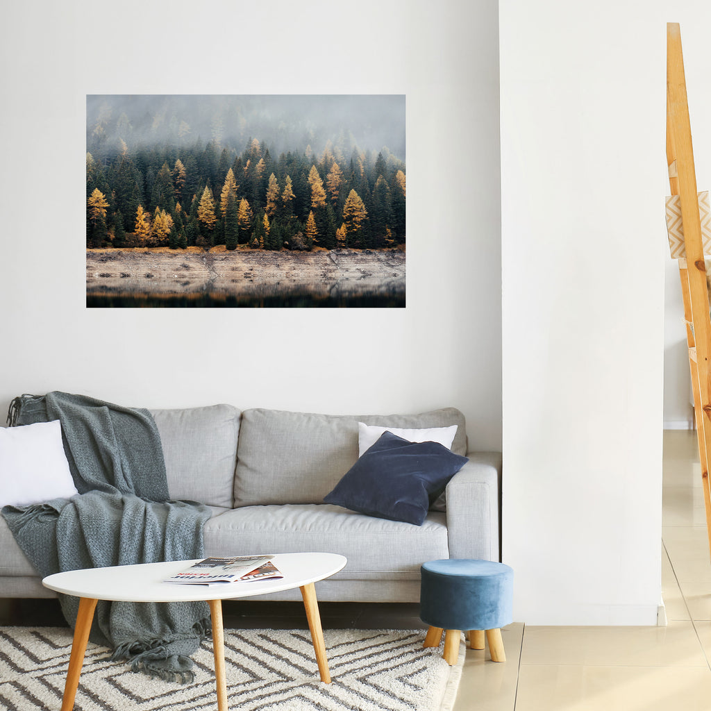 ÁRBOLES DORADOS EN LA NIEBLA Póster horizontal autoadhesivo