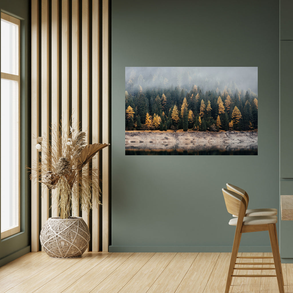 ÁRBOLES DORADOS EN LA NIEBLA Póster horizontal autoadhesivo