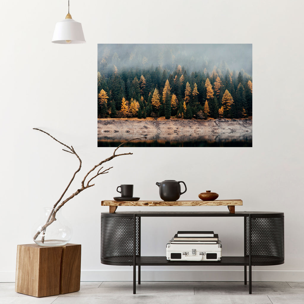 ÁRBOLES DORADOS EN LA NIEBLA Póster horizontal autoadhesivo