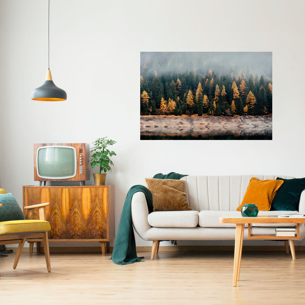 ÁRBOLES DORADOS EN LA NIEBLA Póster horizontal autoadhesivo