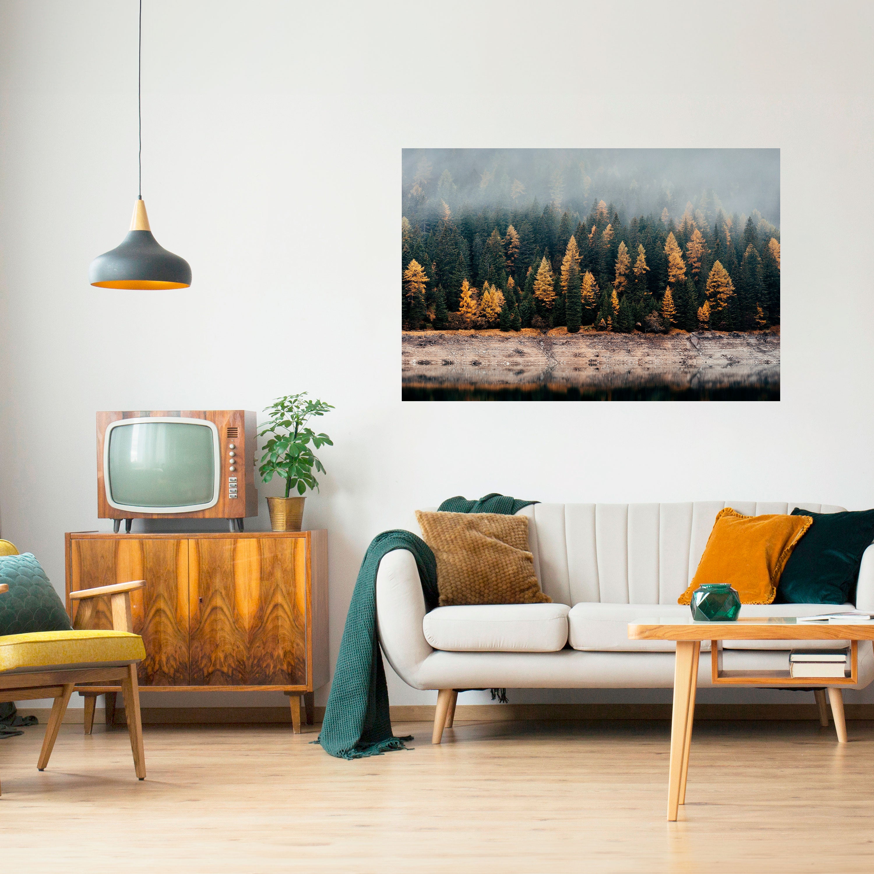 ÁRBOLES DORADOS EN LA NIEBLA Póster horizontal autoadhesivo