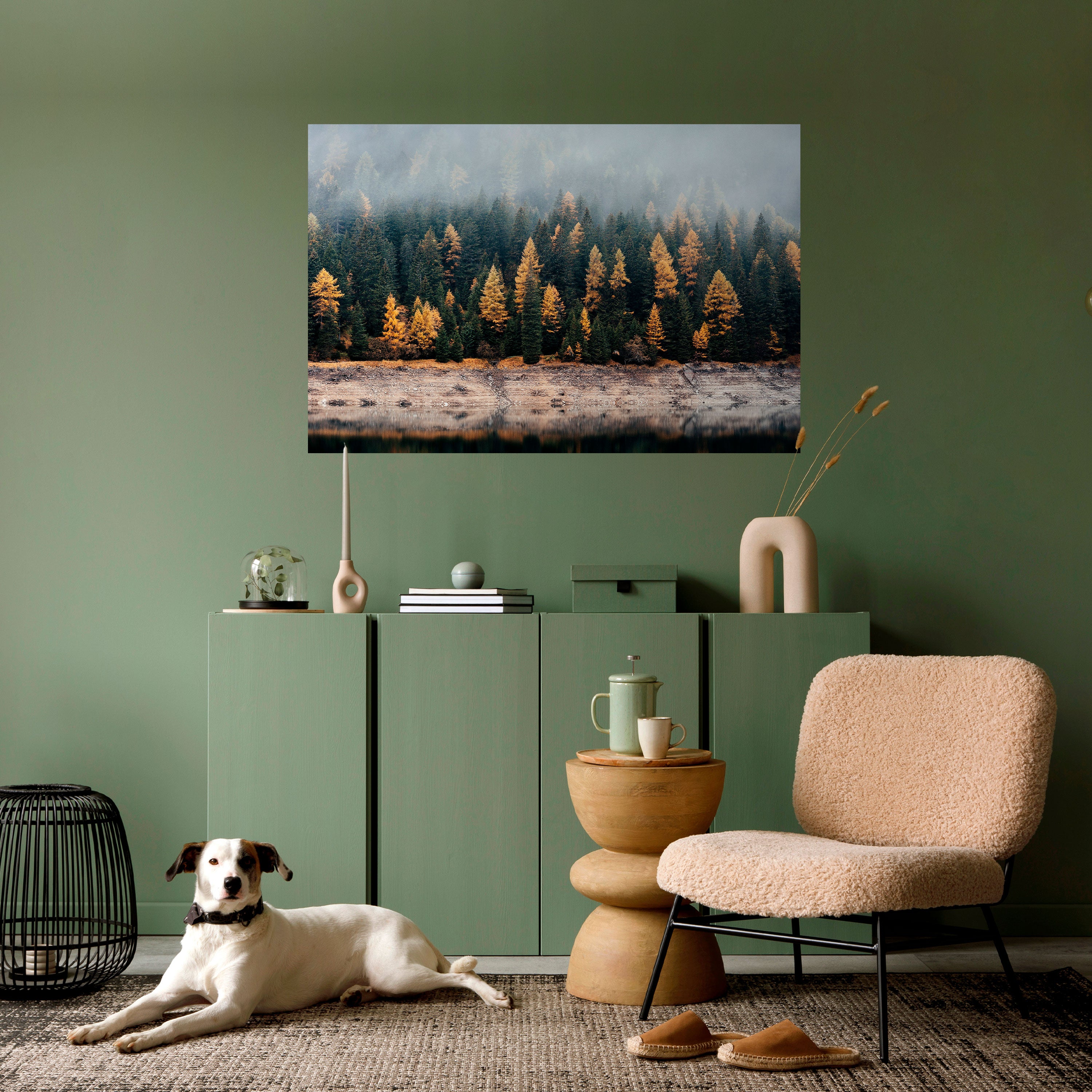 ÁRBOLES DORADOS EN LA NIEBLA Póster horizontal autoadhesivo