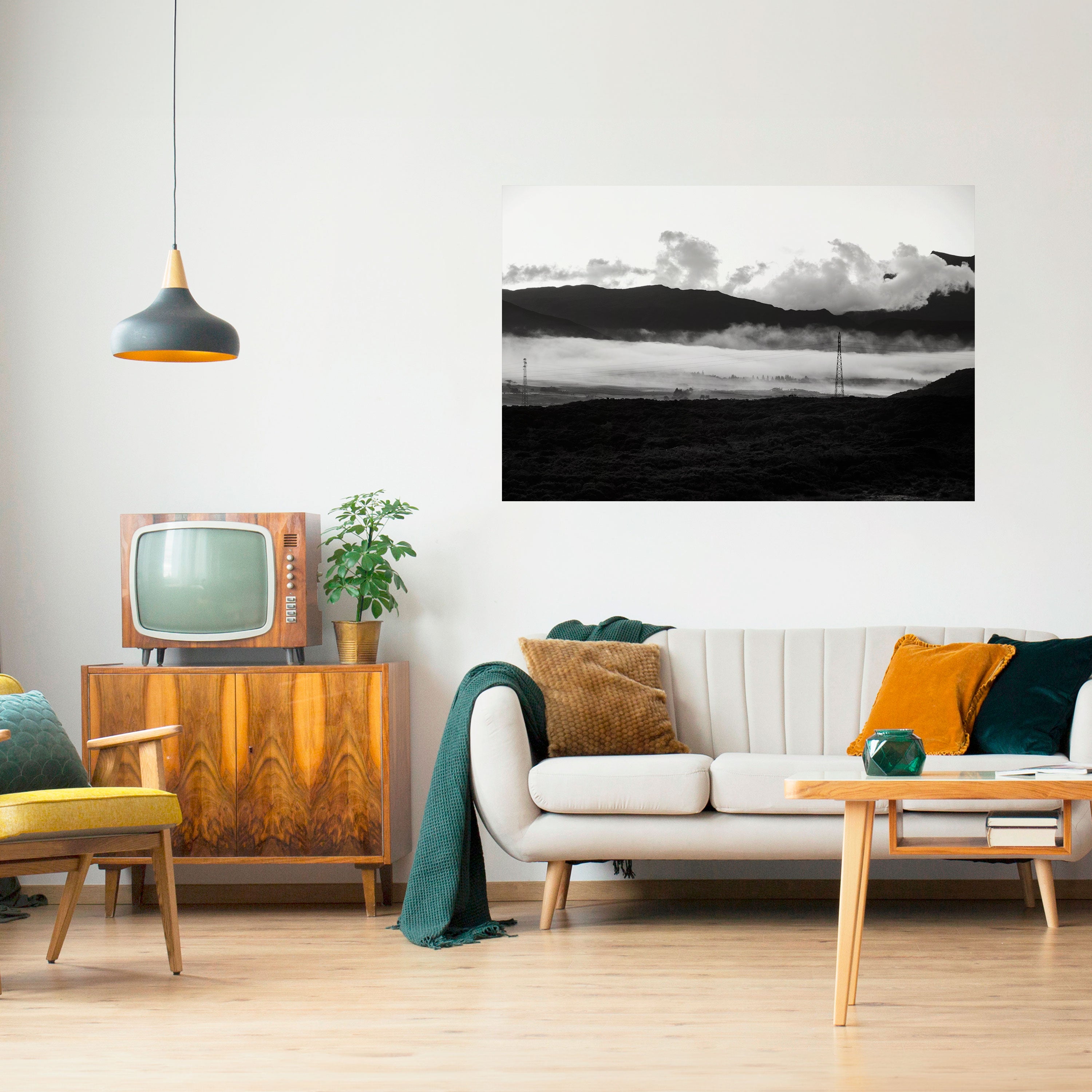 Póster horizontal autoadhesivo RESPLANDOR DE LA MONTAÑA BRUMOSA