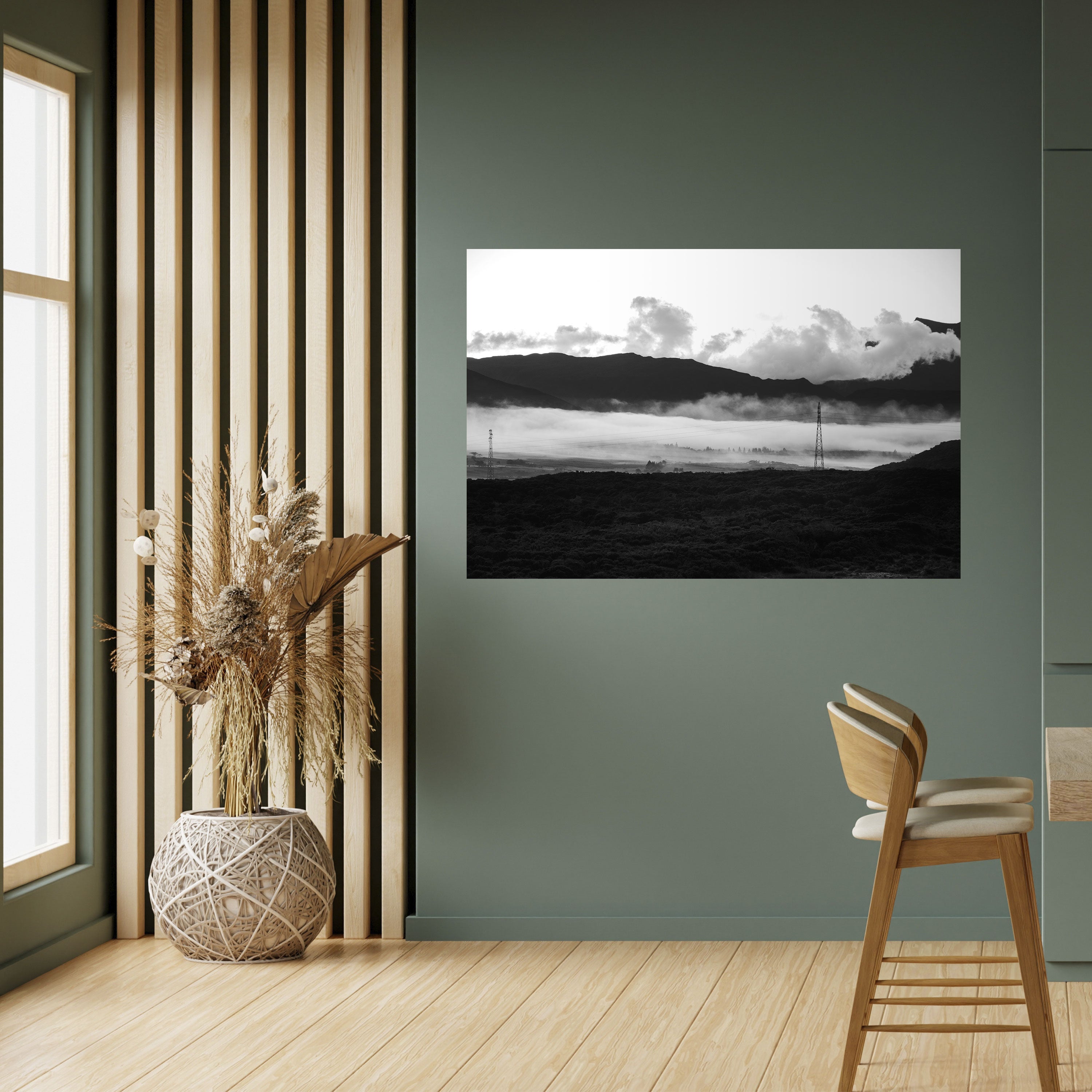 Póster horizontal autoadhesivo RESPLANDOR DE LA MONTAÑA BRUMOSA