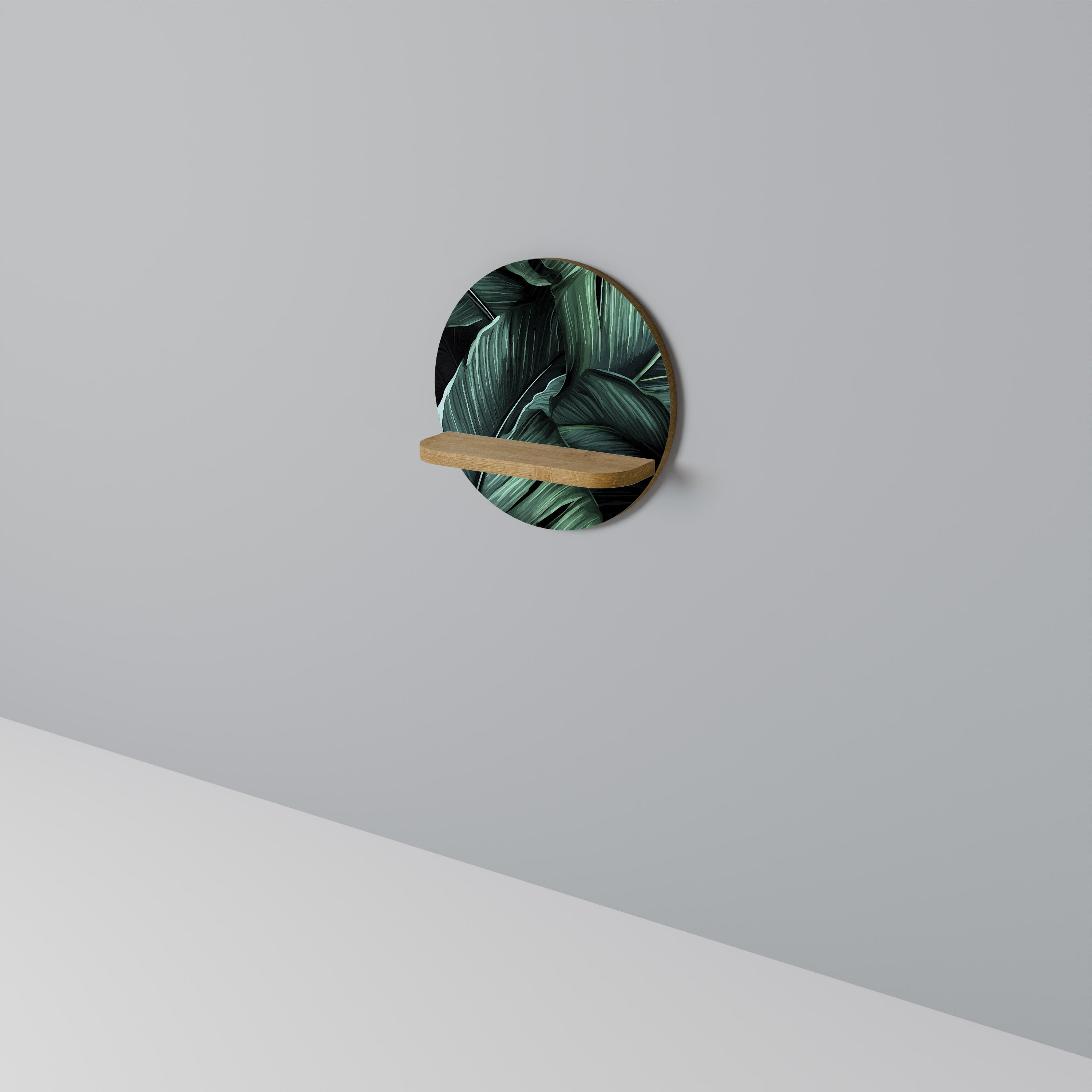 Estantería de arte redonda Leafy Elegance con efecto roble