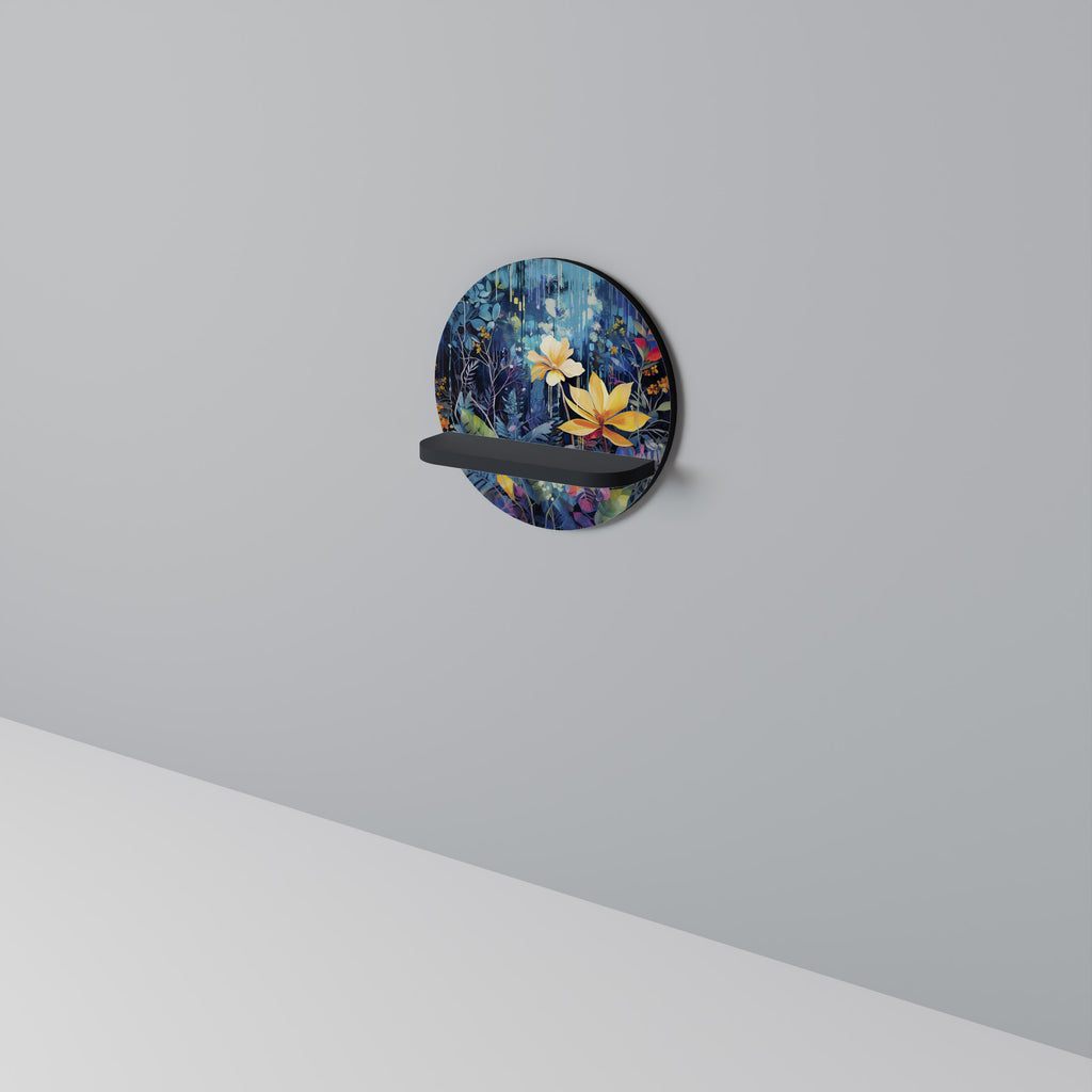 MIDNIGHT BLOSSOM Round Art Shelf In Black Finish
