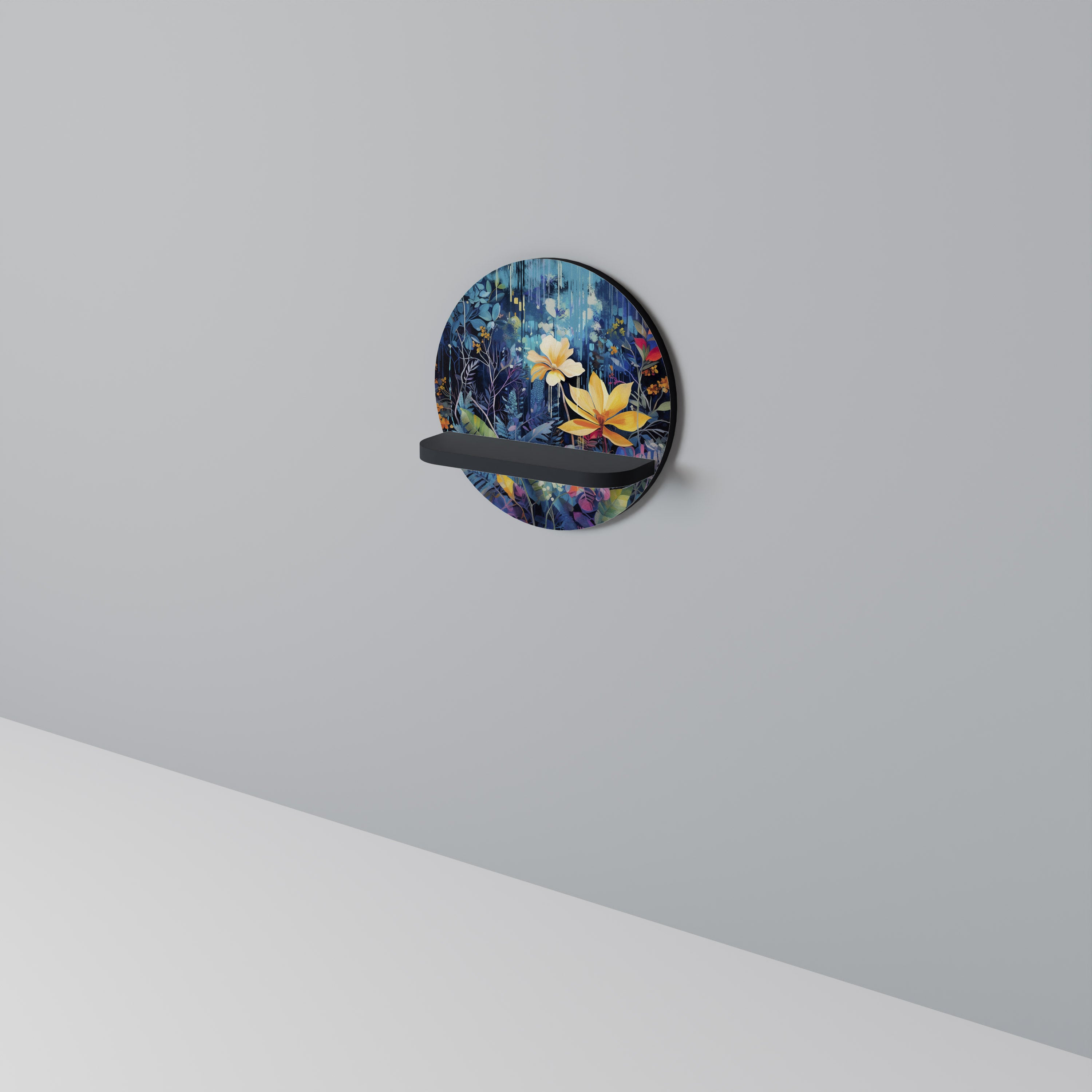 MIDNIGHT BLOSSOM Round Art Shelf In Black Finish