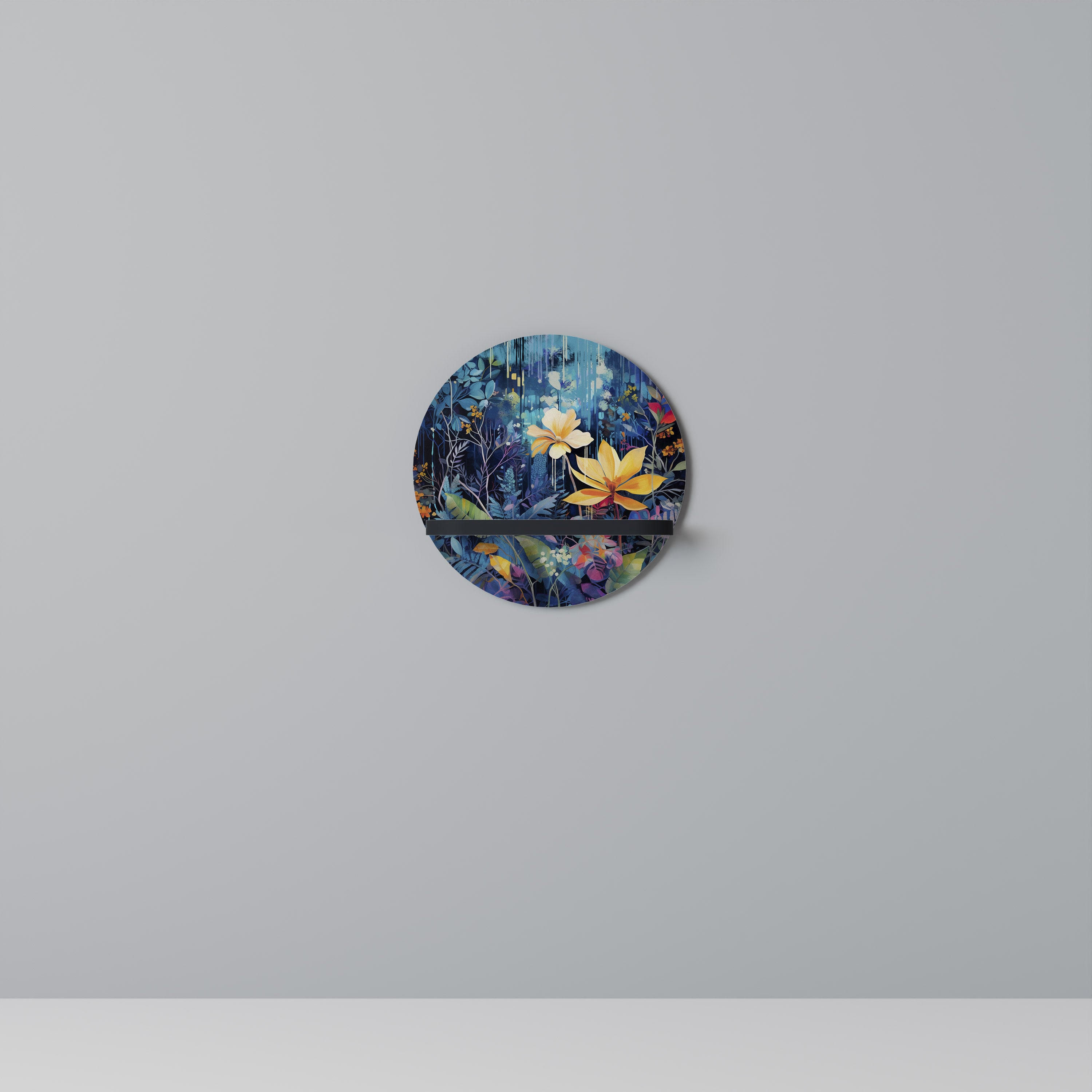 MIDNIGHT BLOSSOM Round Art Shelf In Black Finish