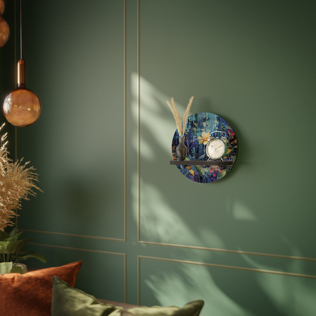 MIDNIGHT BLOSSOM Round Art Shelf In Black Finish