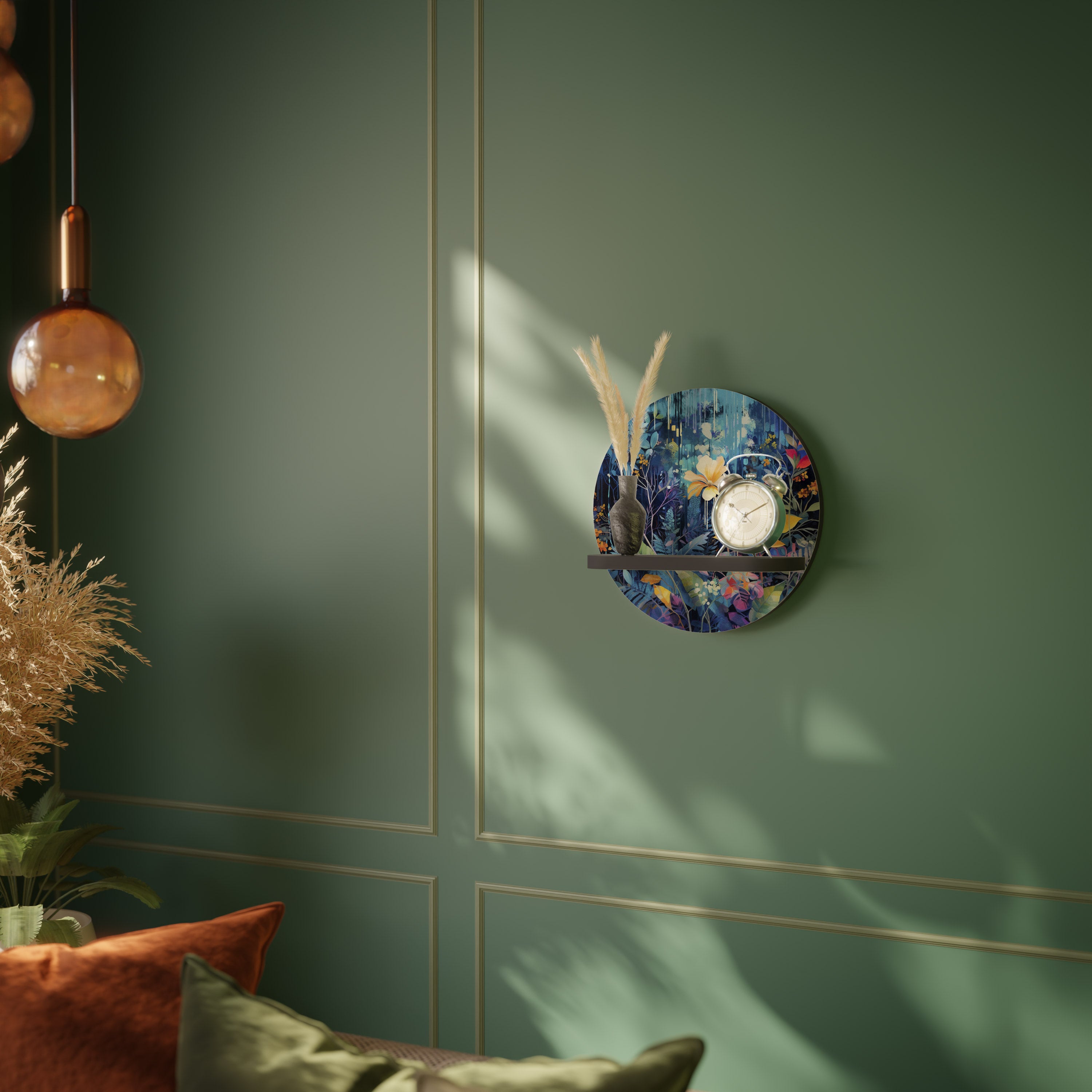 MIDNIGHT BLOSSOM Round Art Shelf In Black Finish