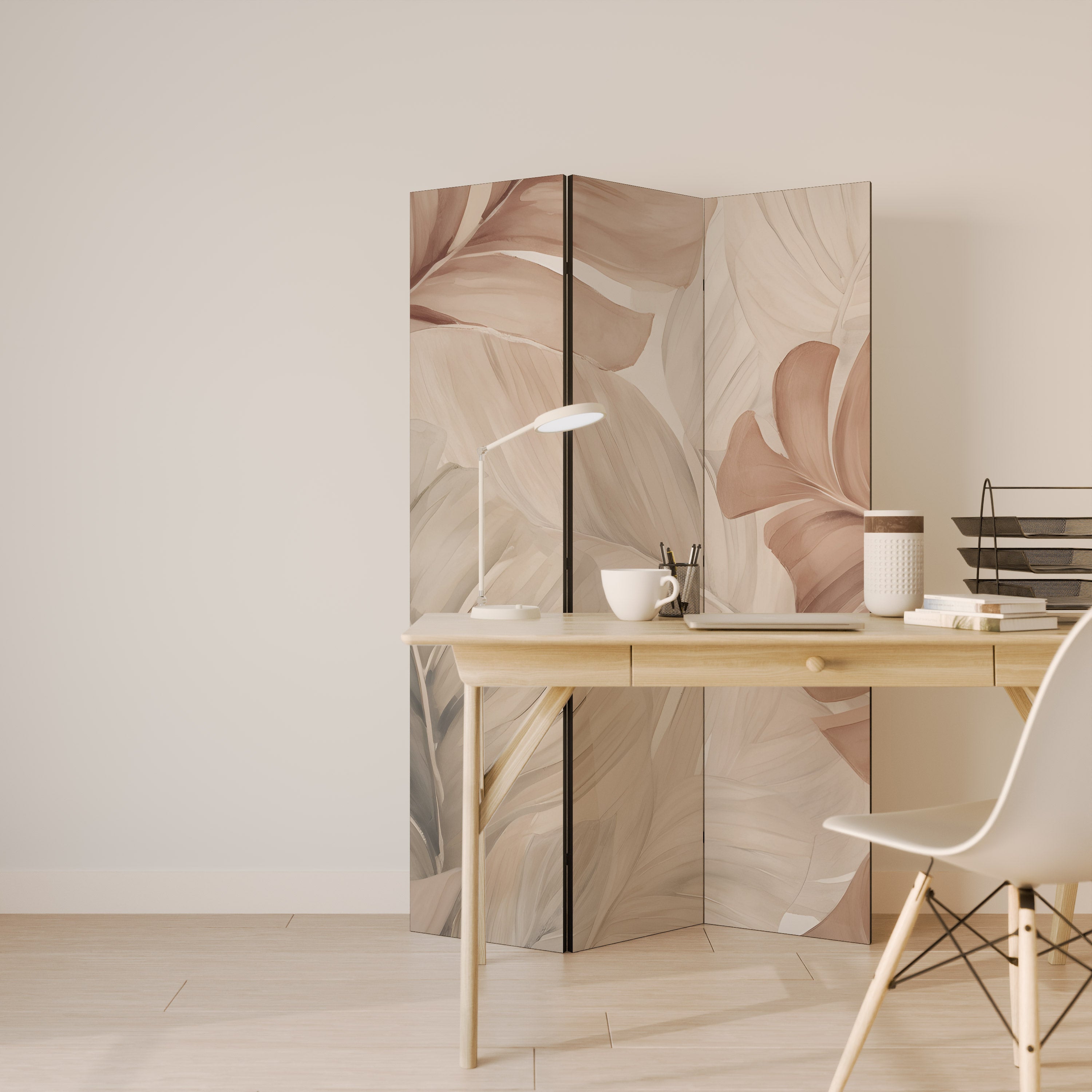Biombo decorativo de 3 paneles con tonos suaves de follaje