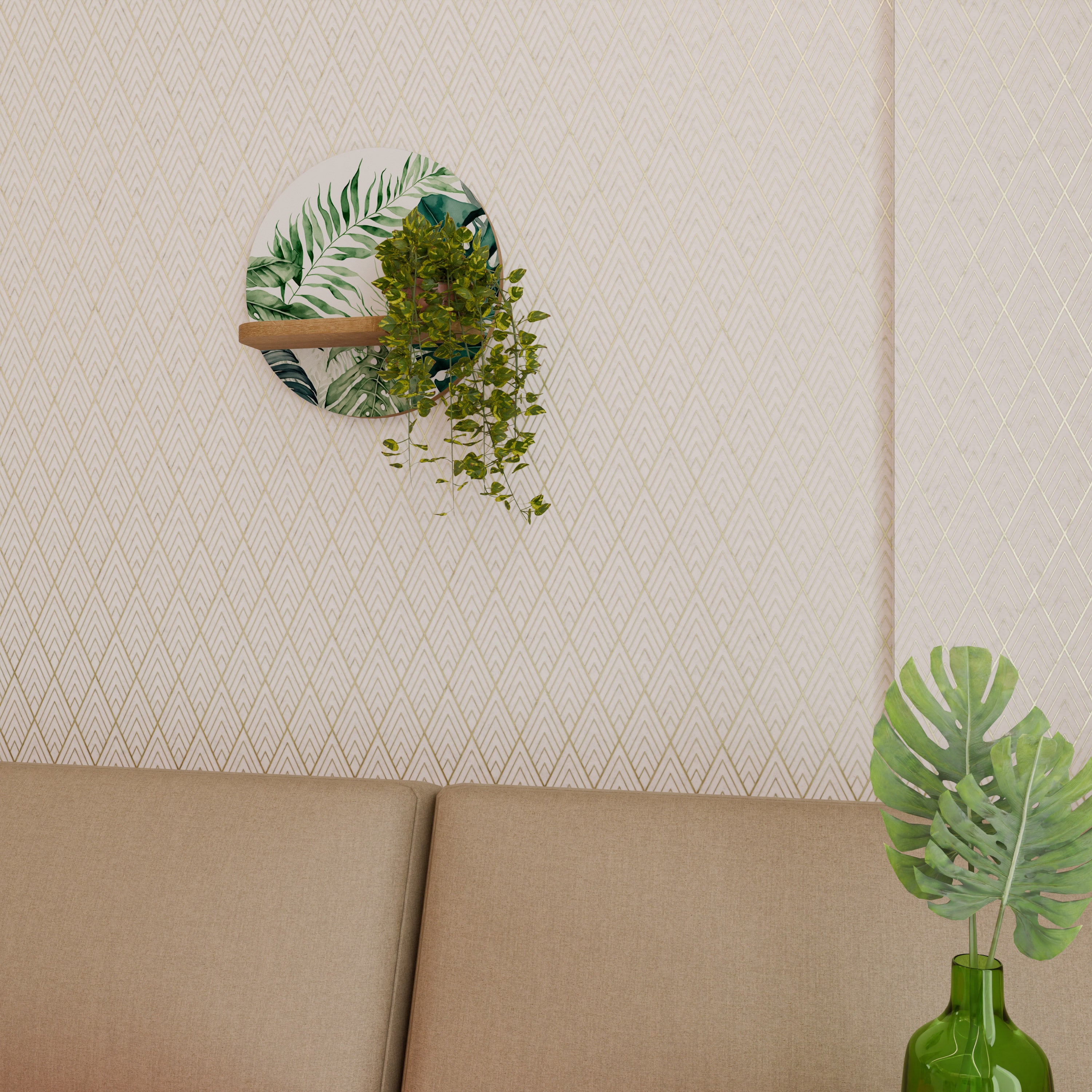 Estantería de arte redonda MONSTERA DREAM con efecto roble